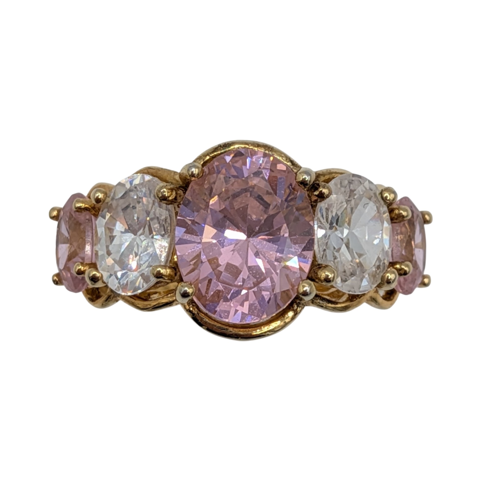 Gold Over Sterling Silver Pink CZ White CZ Oval Cut 5 Stone Ring Size 8.25