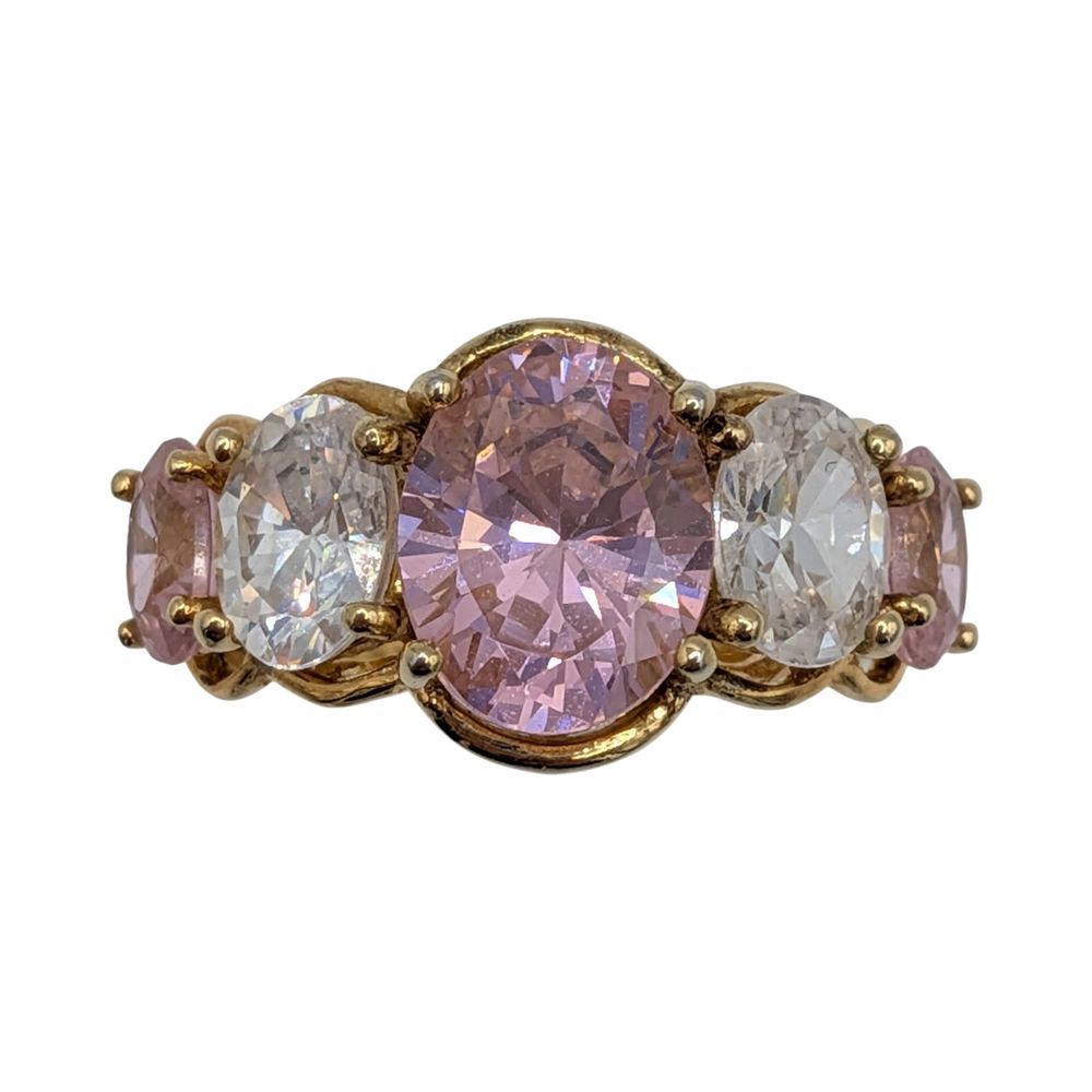 Lot 451: Gold Over Sterling Silver Pink CZ White CZ Oval Cut 5 Stone Ring Size 8.25
