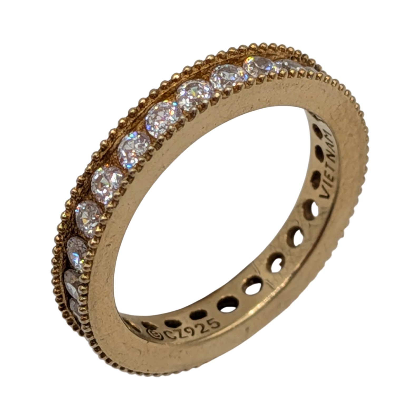 Signed Gold Over Sterling Silver CZ Milgrain Channel Set Eternity Band Ring Size 4