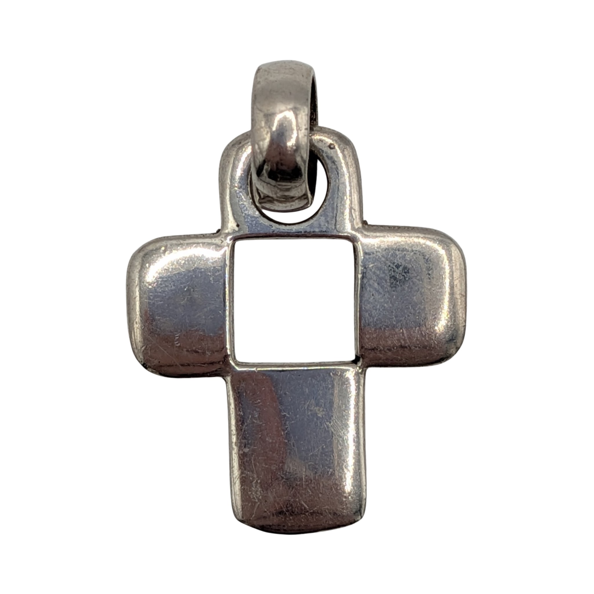 Signed Sterling Silver Open Square Rounded Cross Pendant