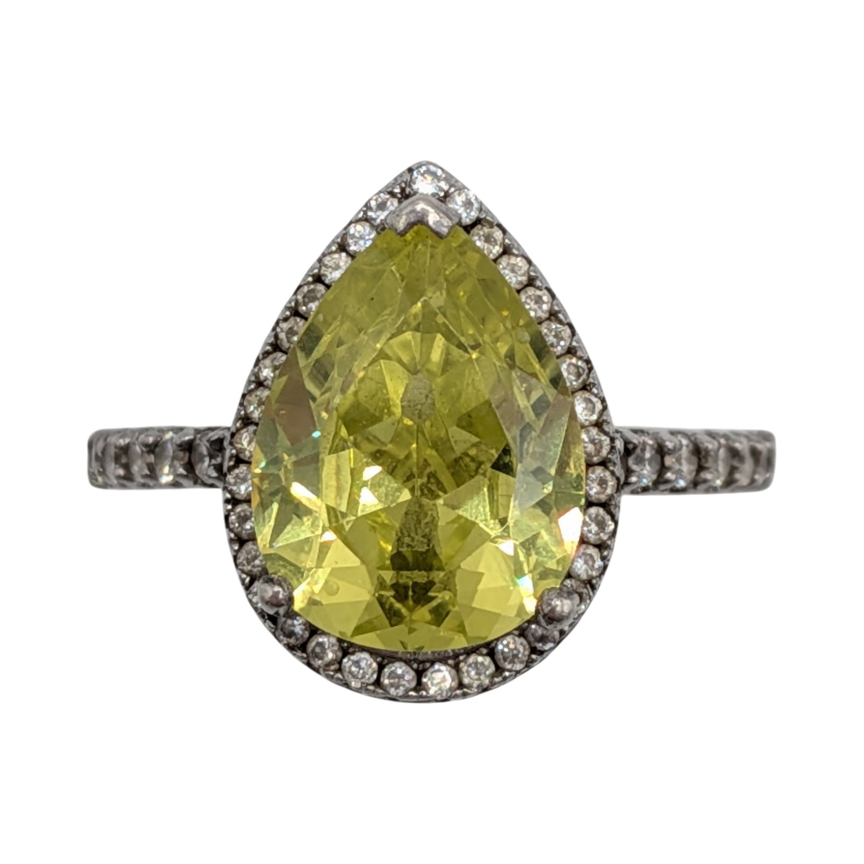 Sterling Silver CZ Pear Cut Halo Solitaire Ring Size 6.25
