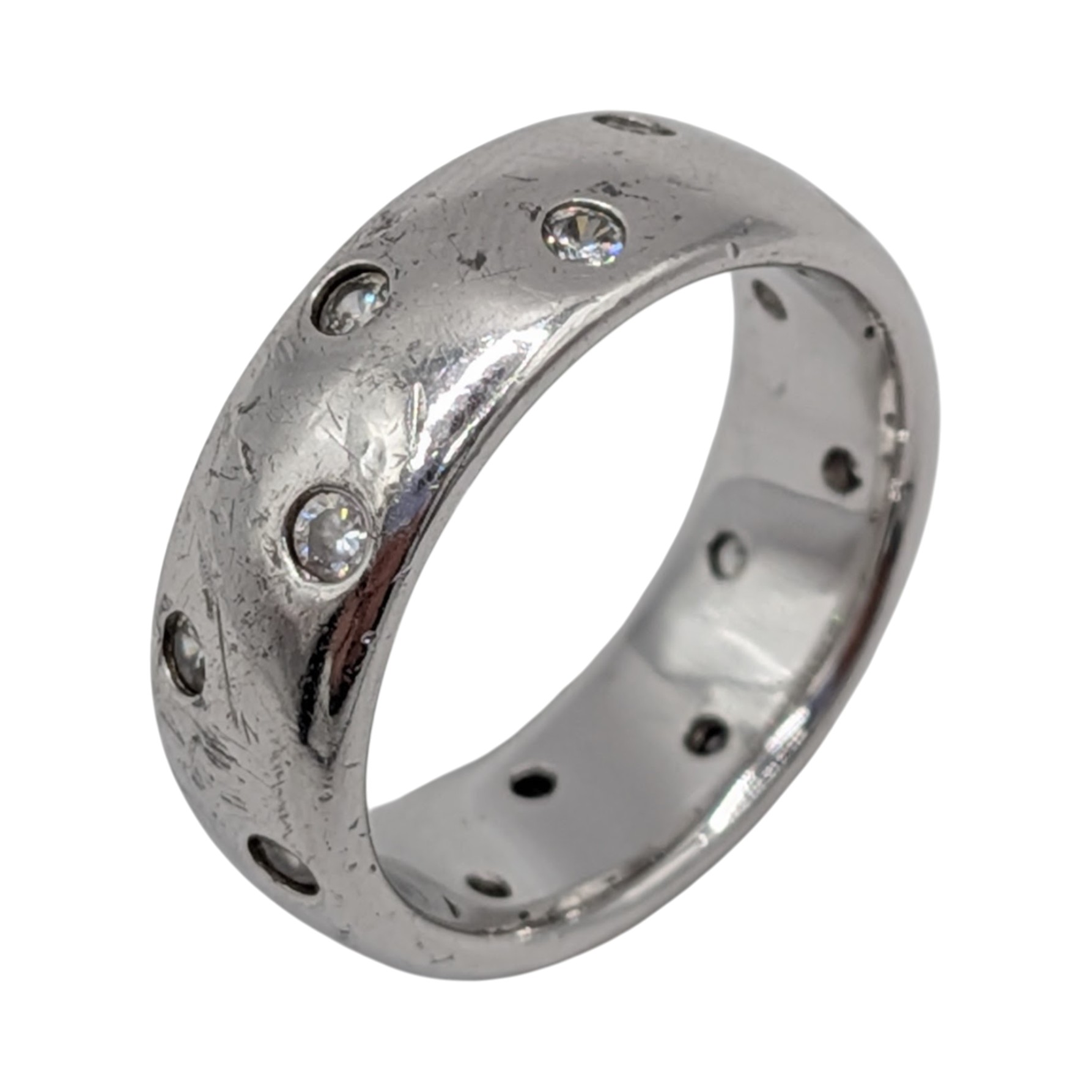 Signed Sterling Silver White CZ Flush Set Polka Dot Band Ring Size 8.25