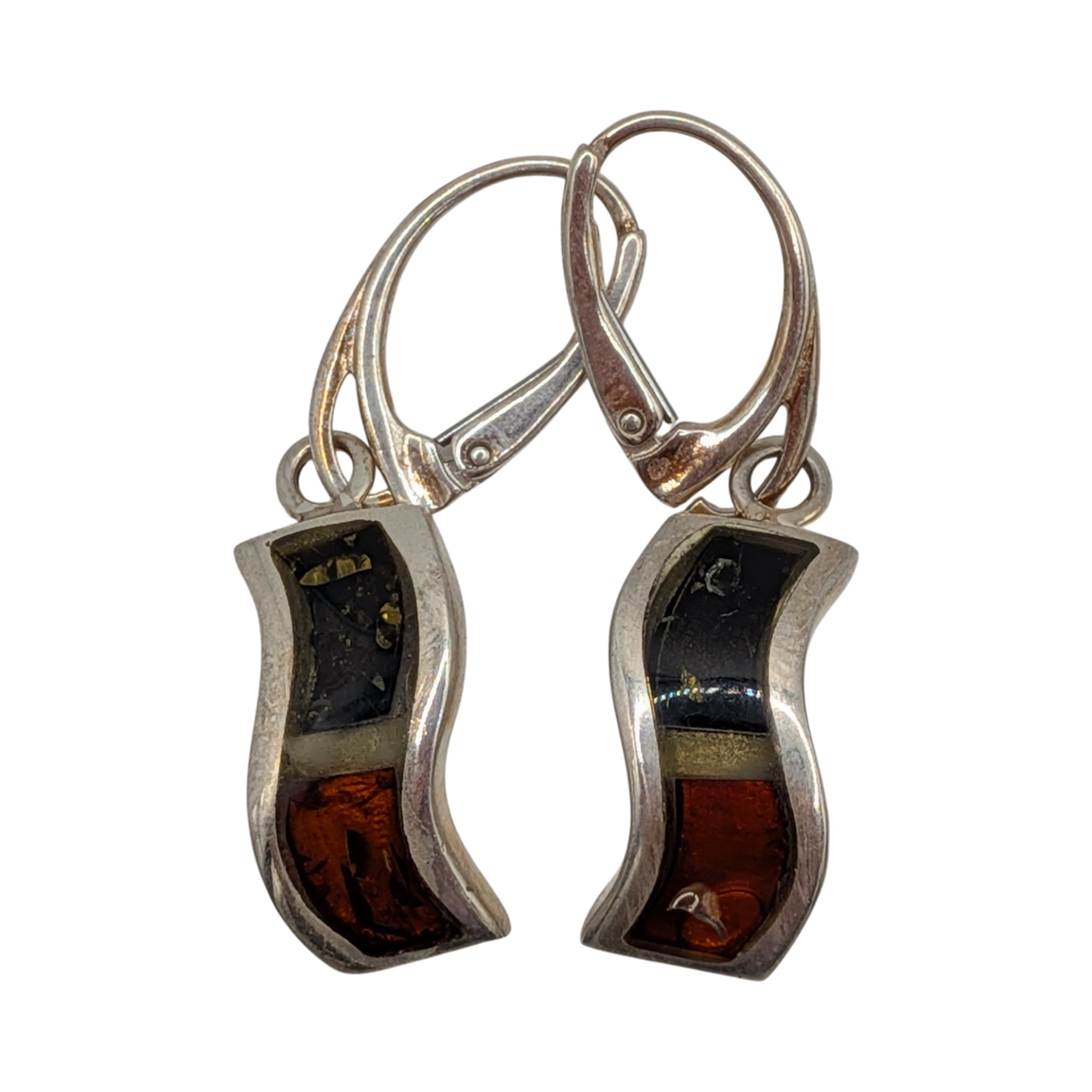 New Polish Sterling Silver Tri Colored Amber Wave Drop Earrings