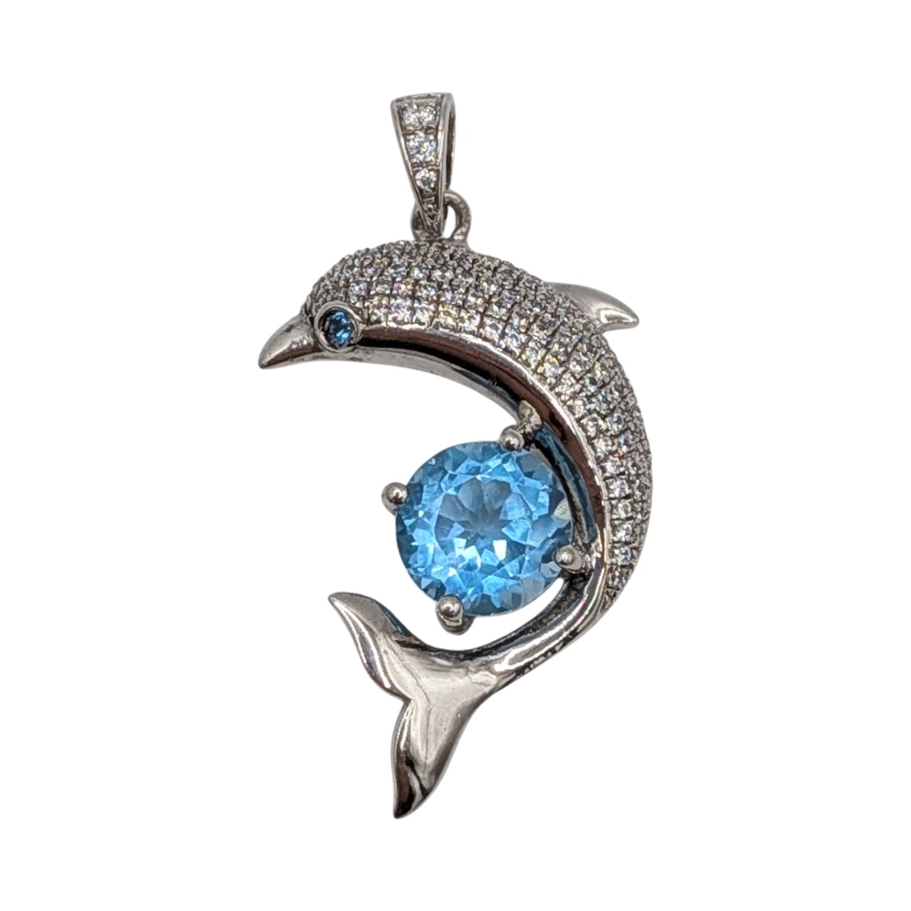 Signed Sterling Silver Blue Topaz, CZ Micro Pave Dolphin Pendant