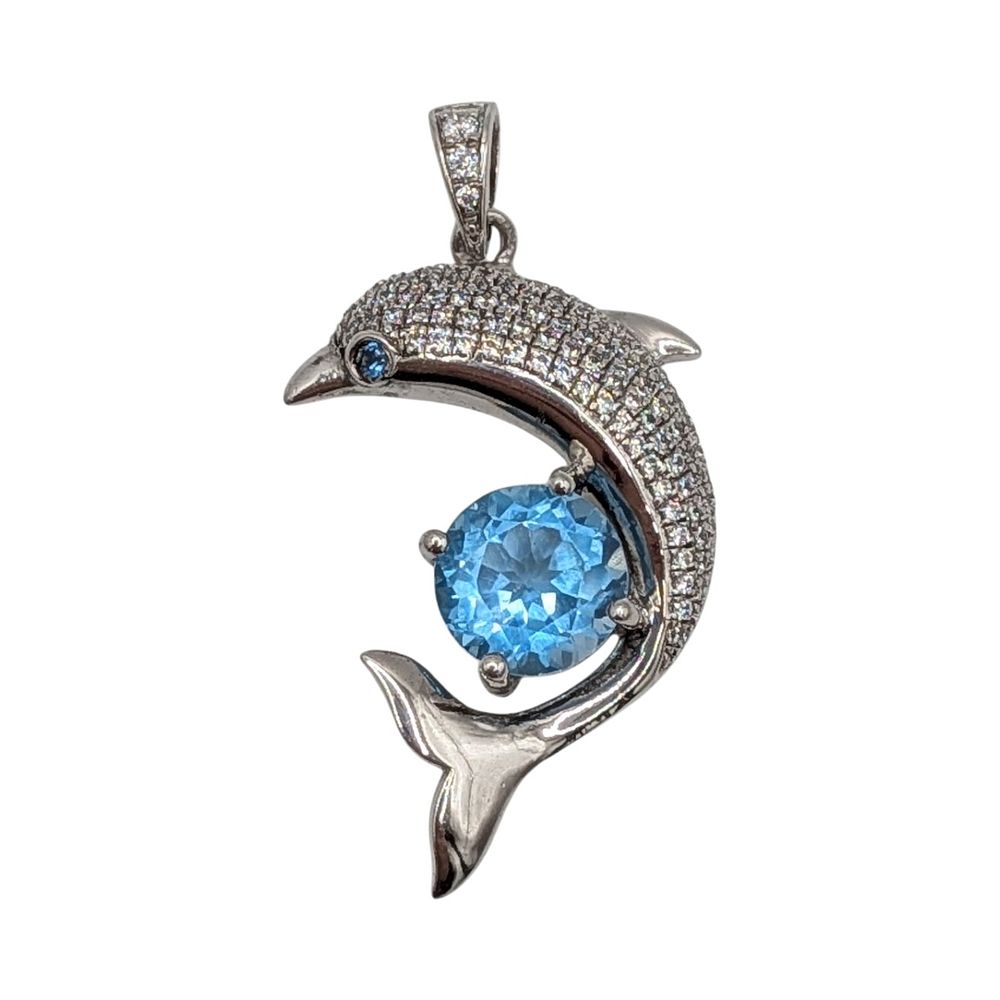 Lot 469: Signed Sterling Silver Blue Topaz, CZ Micro Pave Dolphin Pendant