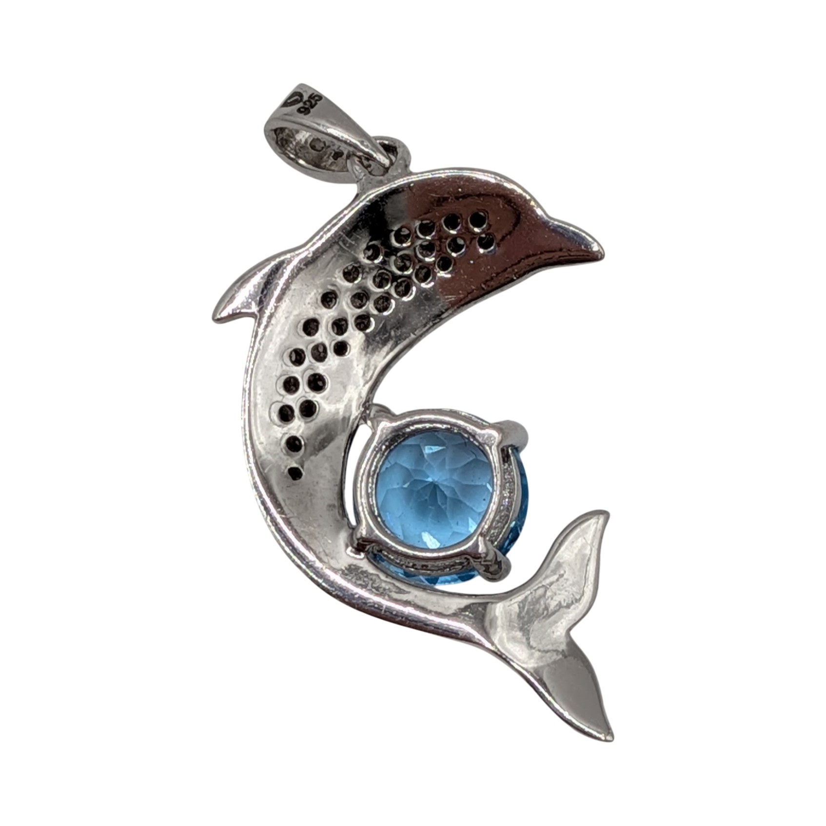 Signed Sterling Silver Blue Topaz, CZ Micro Pave Dolphin Pendant