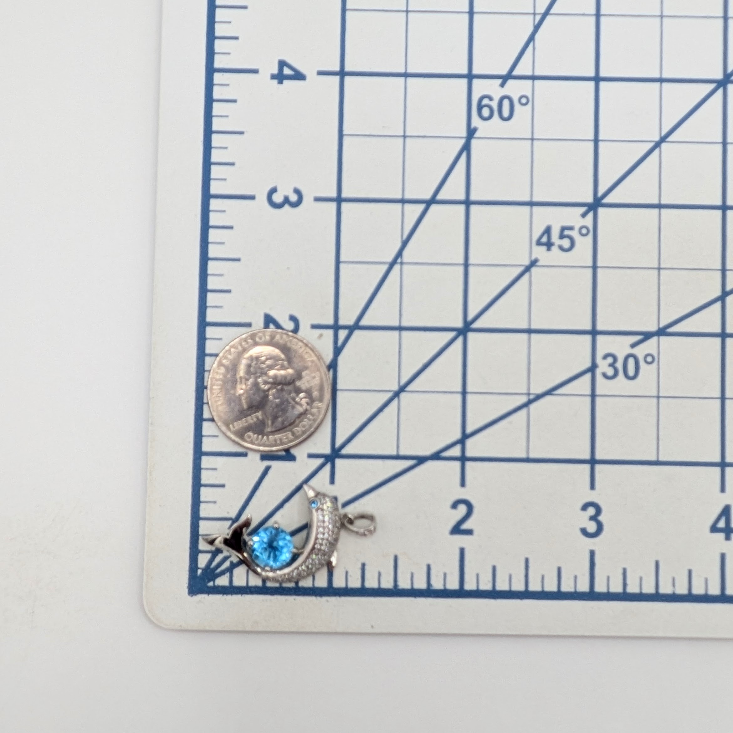 Signed Sterling Silver Blue Topaz, CZ Micro Pave Dolphin Pendant