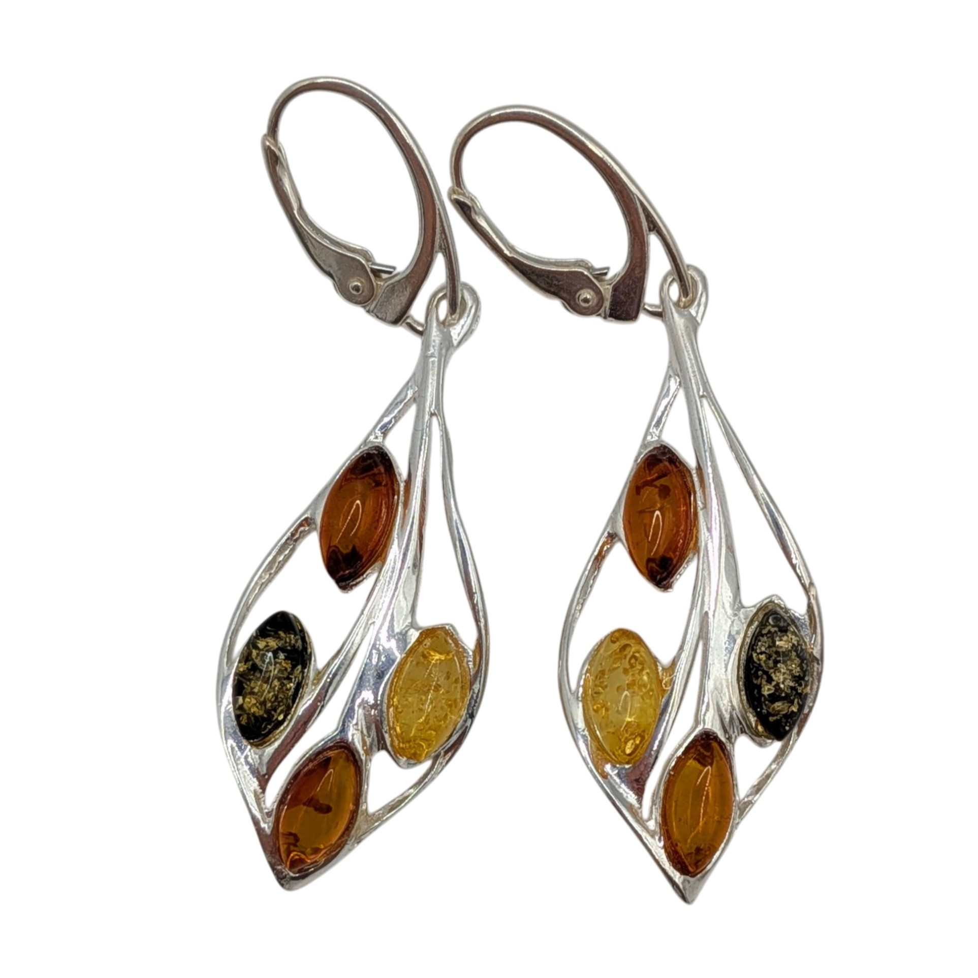 Signed Sterling Silver Green Amber Honey Amber Orange Amber Tri Colored Leaf Drop Earrings
