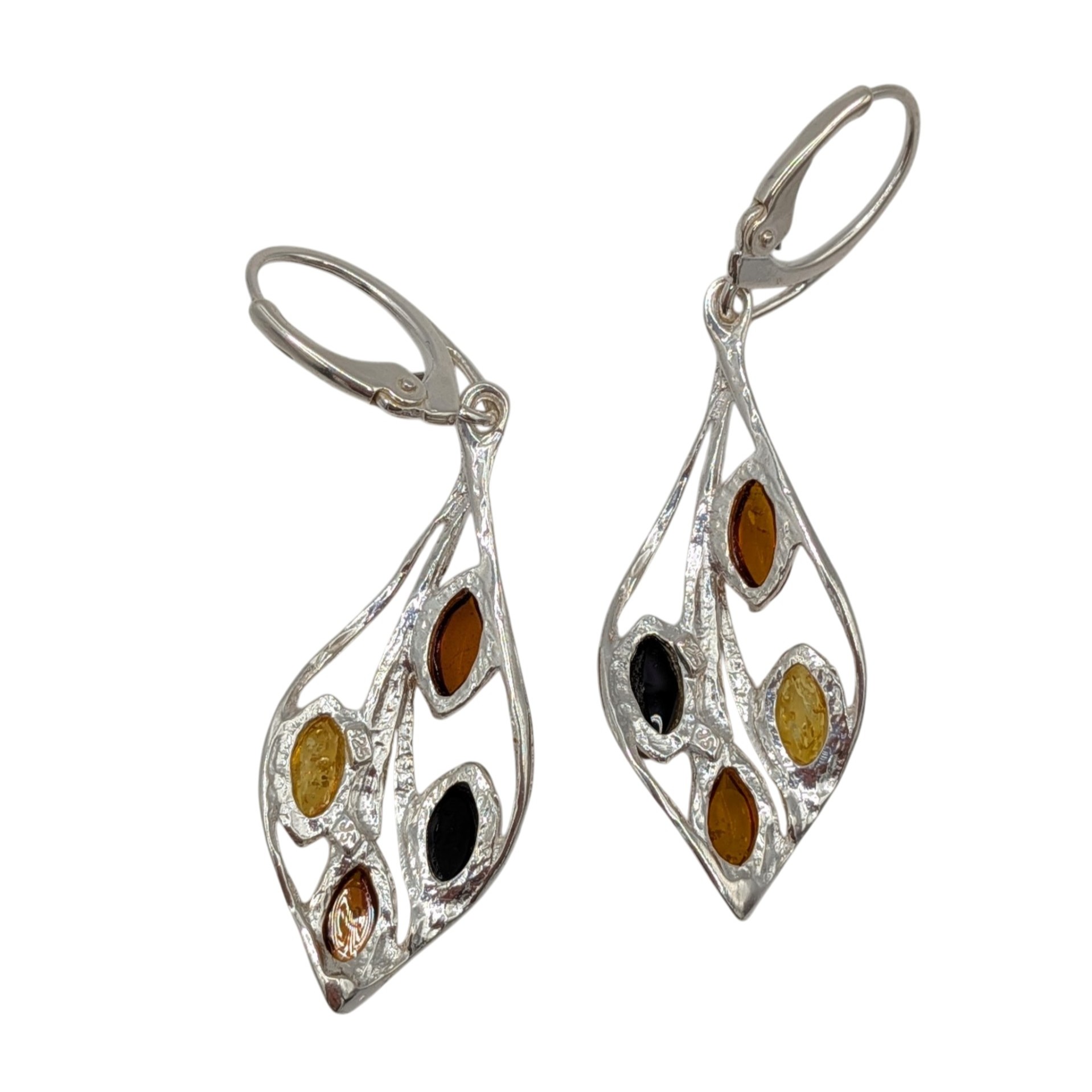 Signed Sterling Silver Green Amber Honey Amber Orange Amber Tri Colored Leaf Drop Earrings