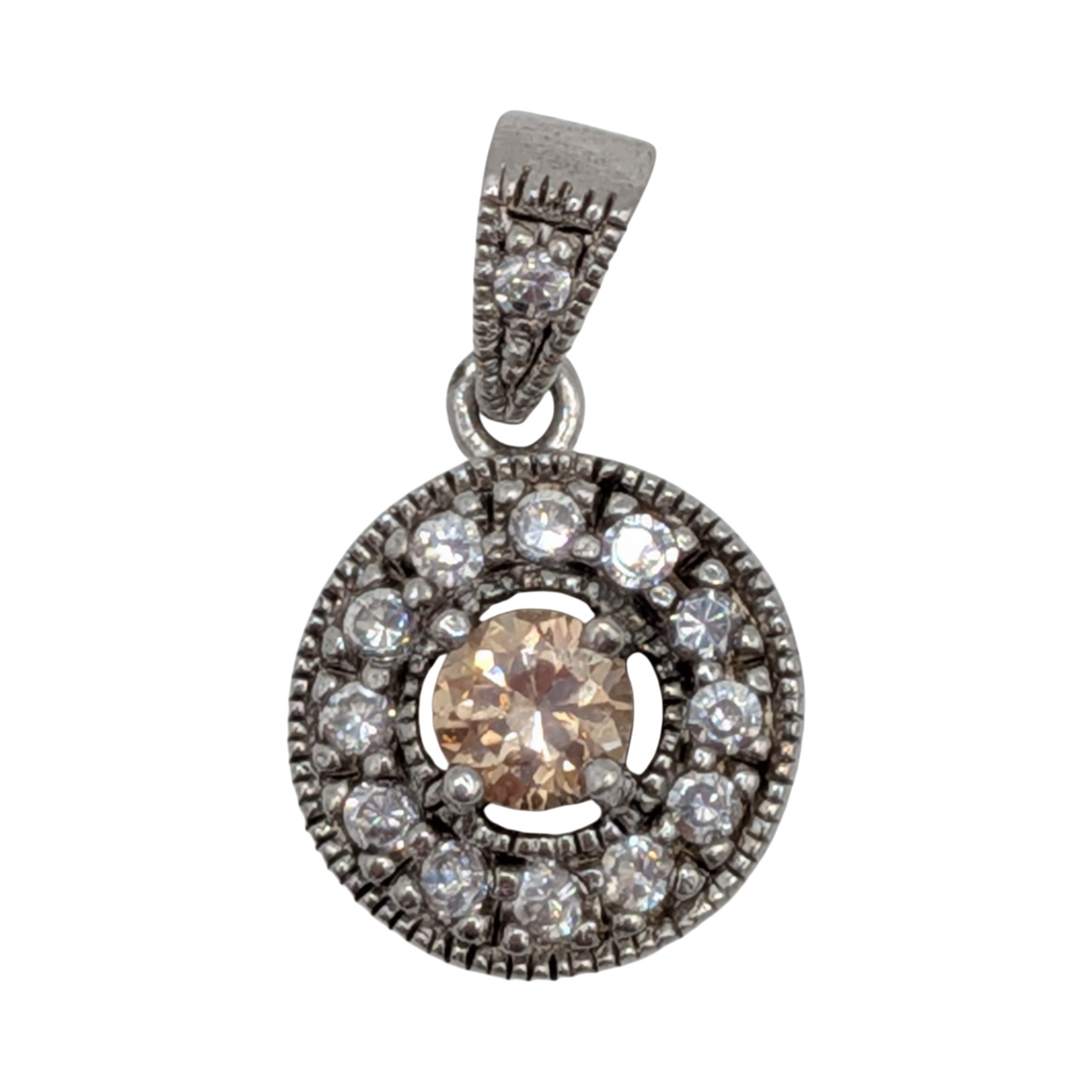 Signed Sterling Silver Two Tone CZ Round Cut Halo Drop Pendant