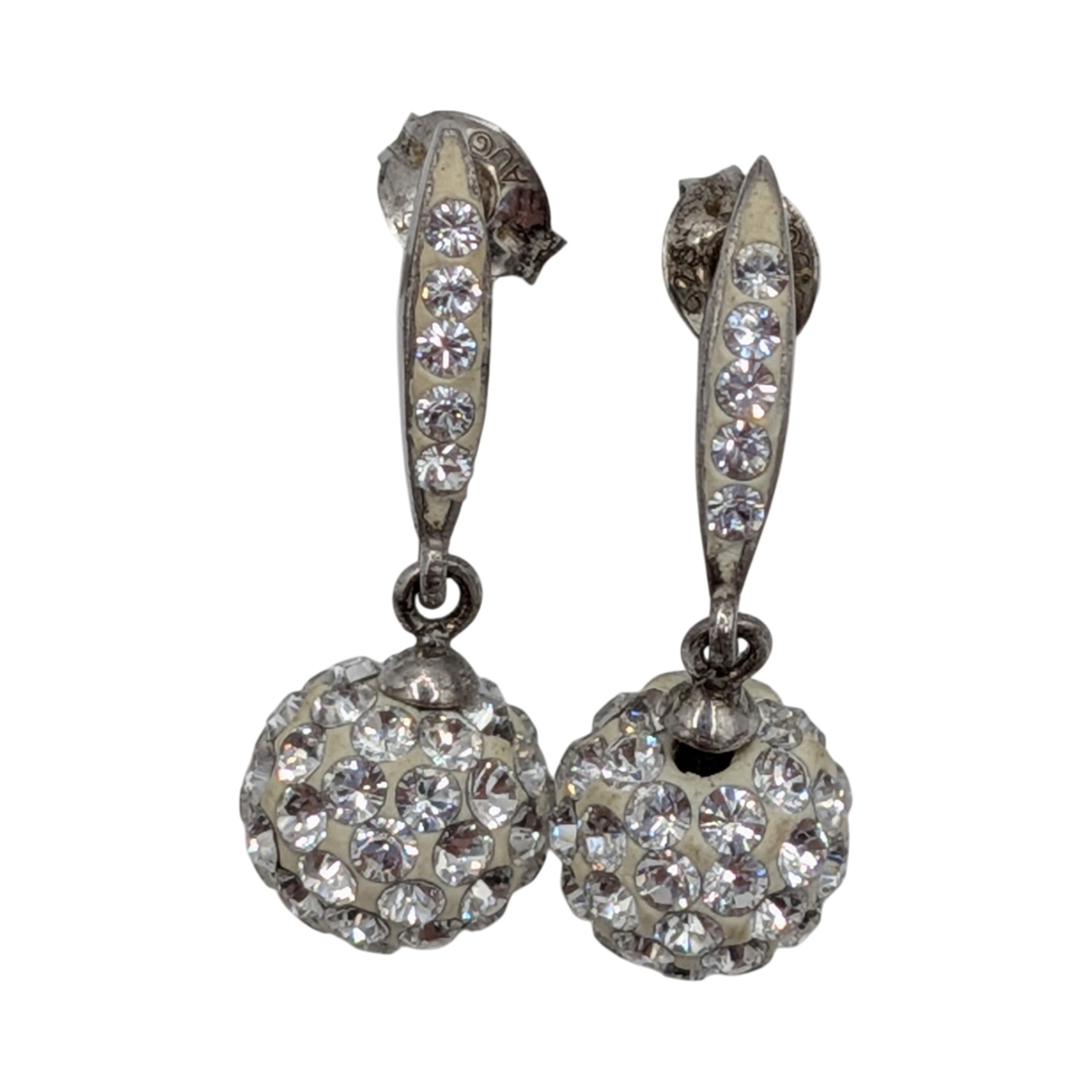 Signed Sterling Silver Rhinestone Studded Ball Drop Stud Earrings