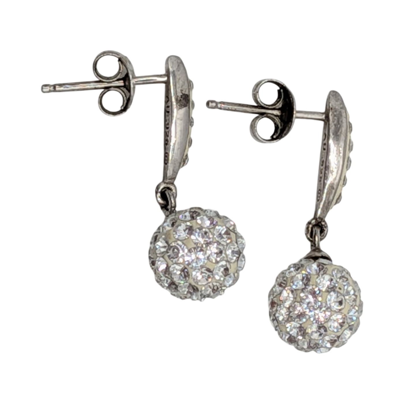 Signed Sterling Silver Rhinestone Studded Ball Drop Stud Earrings