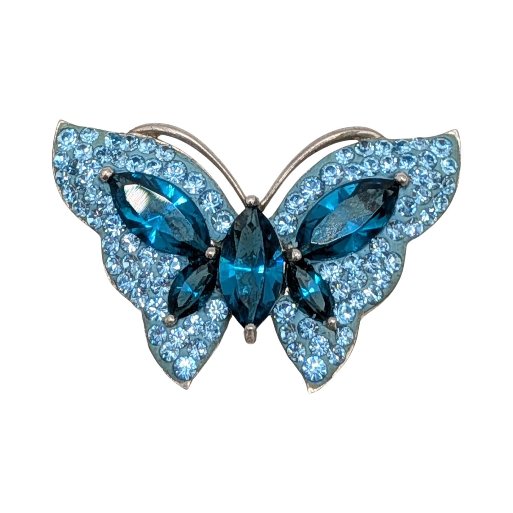 Signed Sterling Silver Blue Rhinestone Studded Butterfly Slide Pendant