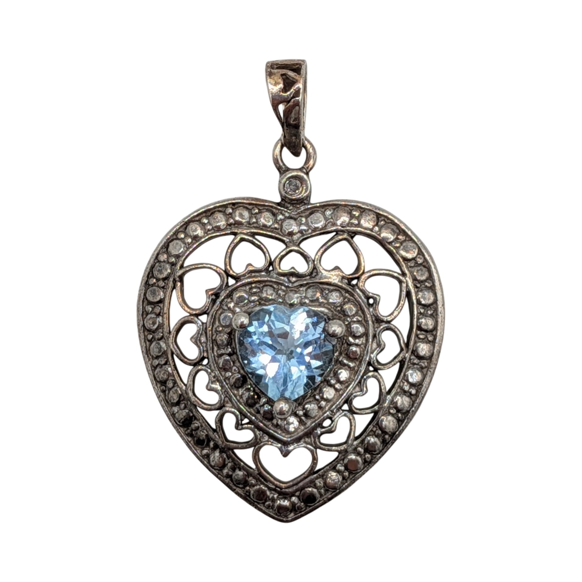 Signed Sterling Silver Diamond Blue Topaz Filigree Heart Pendant