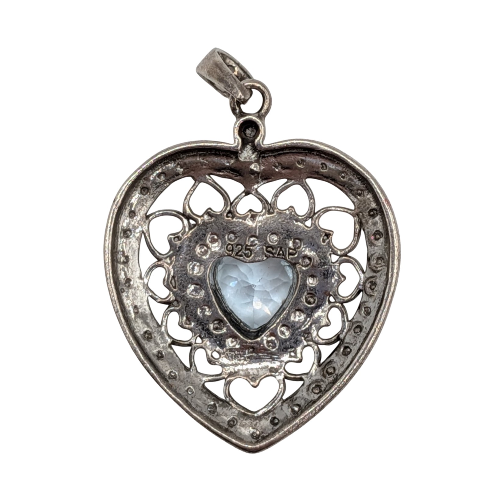Signed Sterling Silver Diamond Blue Topaz Filigree Heart Pendant