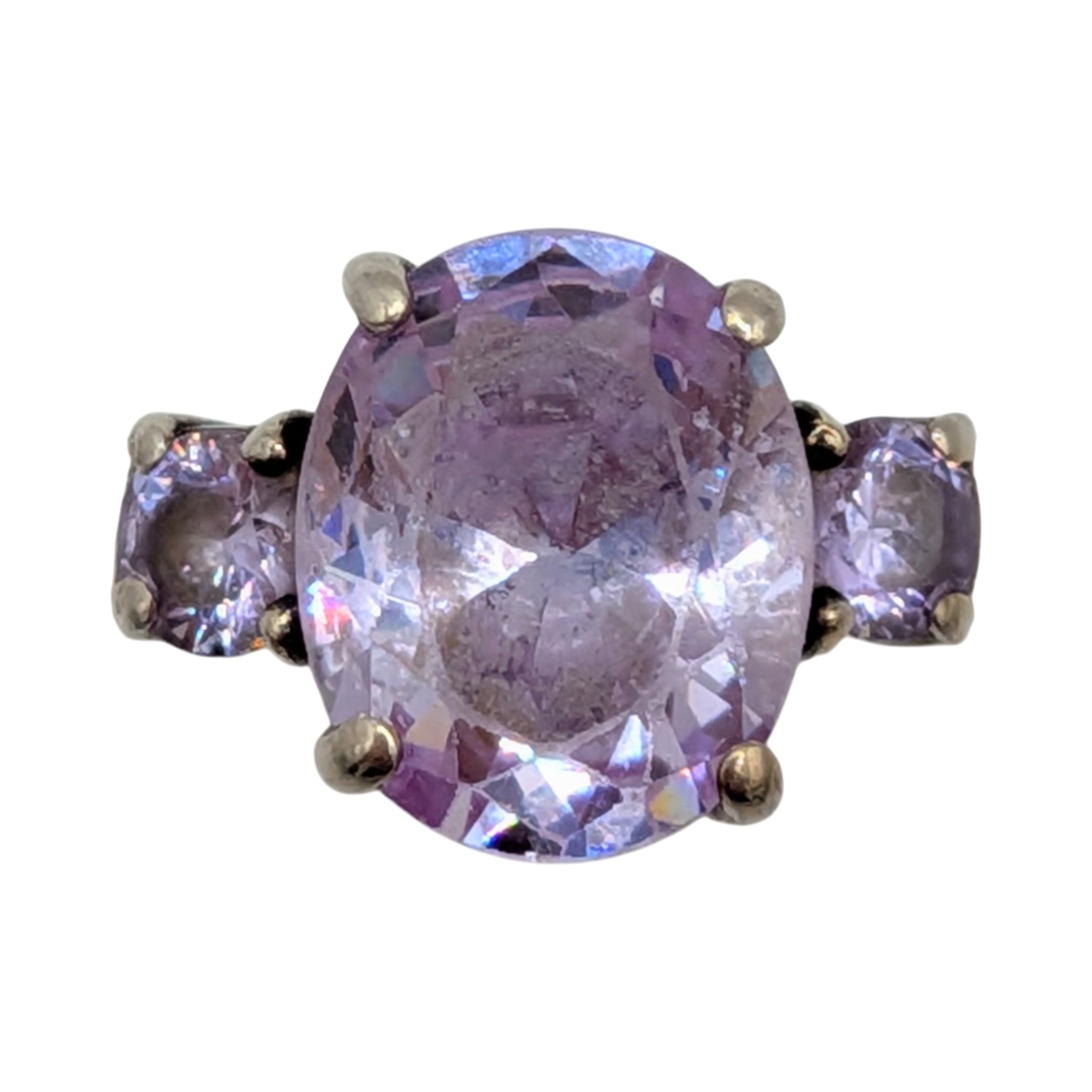 Sterling Silver Lavender Rhinestone Three Stone Ring Size 9.25