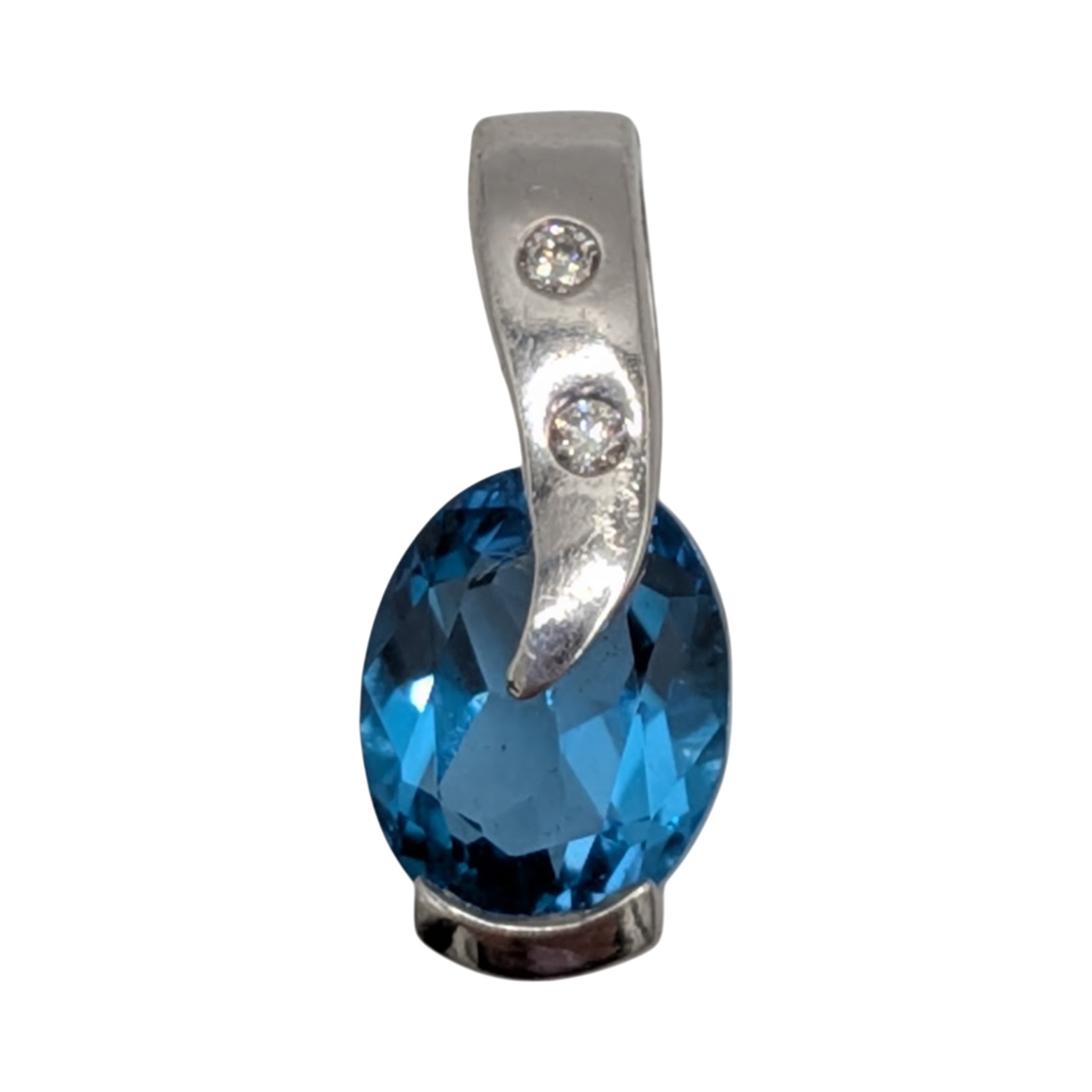 Signed Sterling Silver Diamond Blue Topaz Oval Swoop Pendant