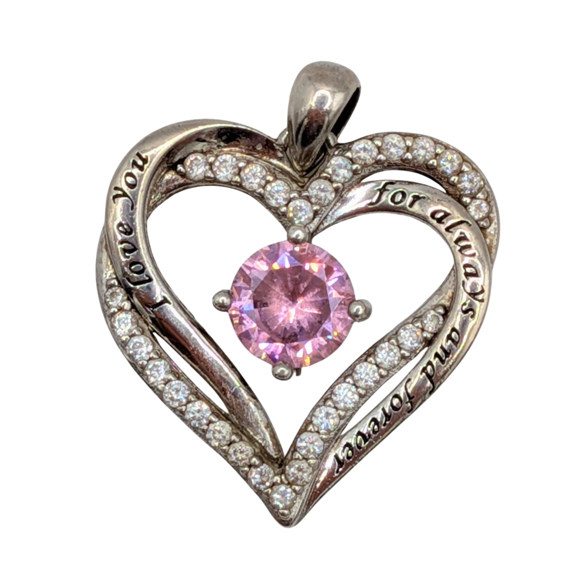 Sterling Silver Two Tone CZ Quote Engraved Entwined Open Heart Pendant