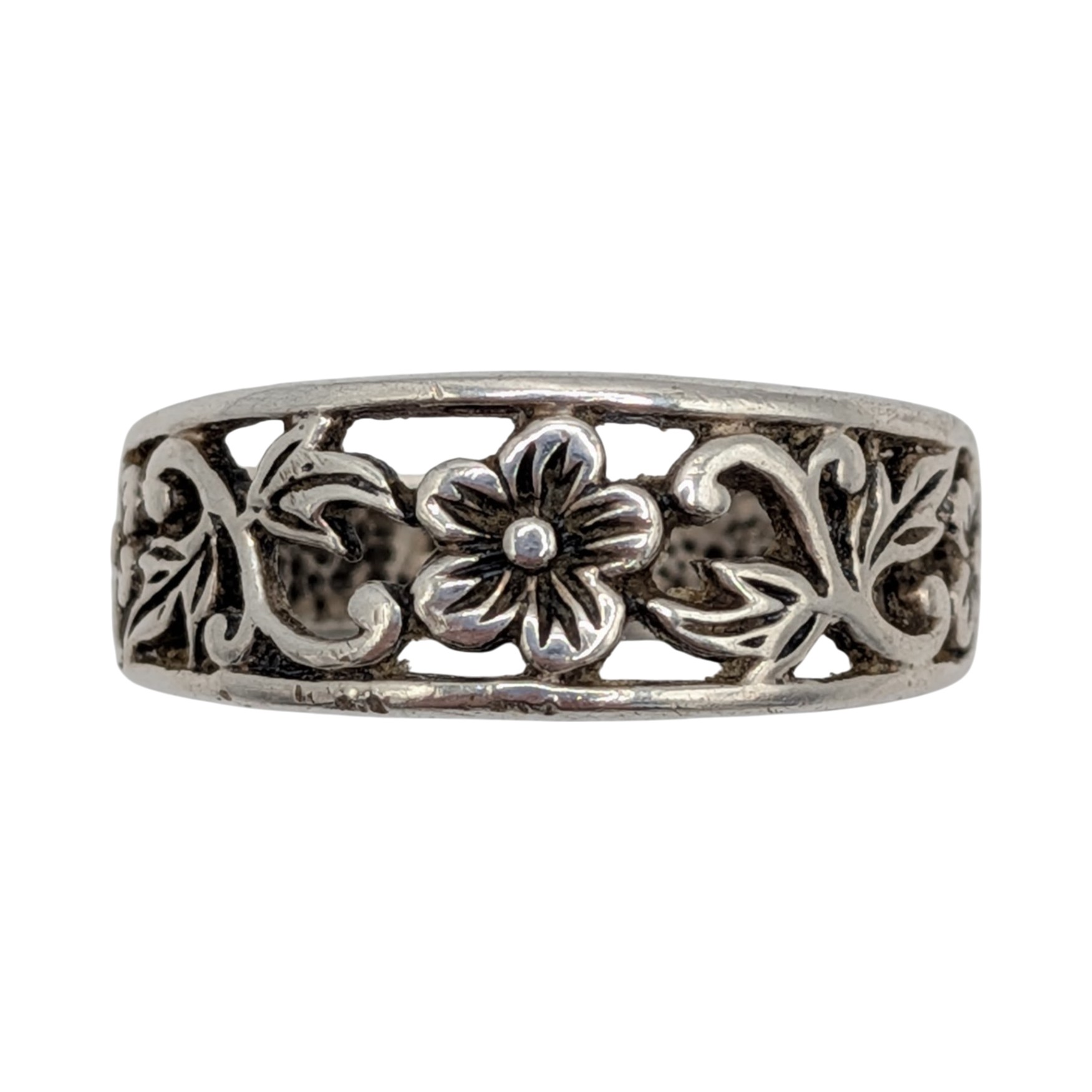 Signed Sterling Silver Floral Vine Open Work Band Ring Size 9.75