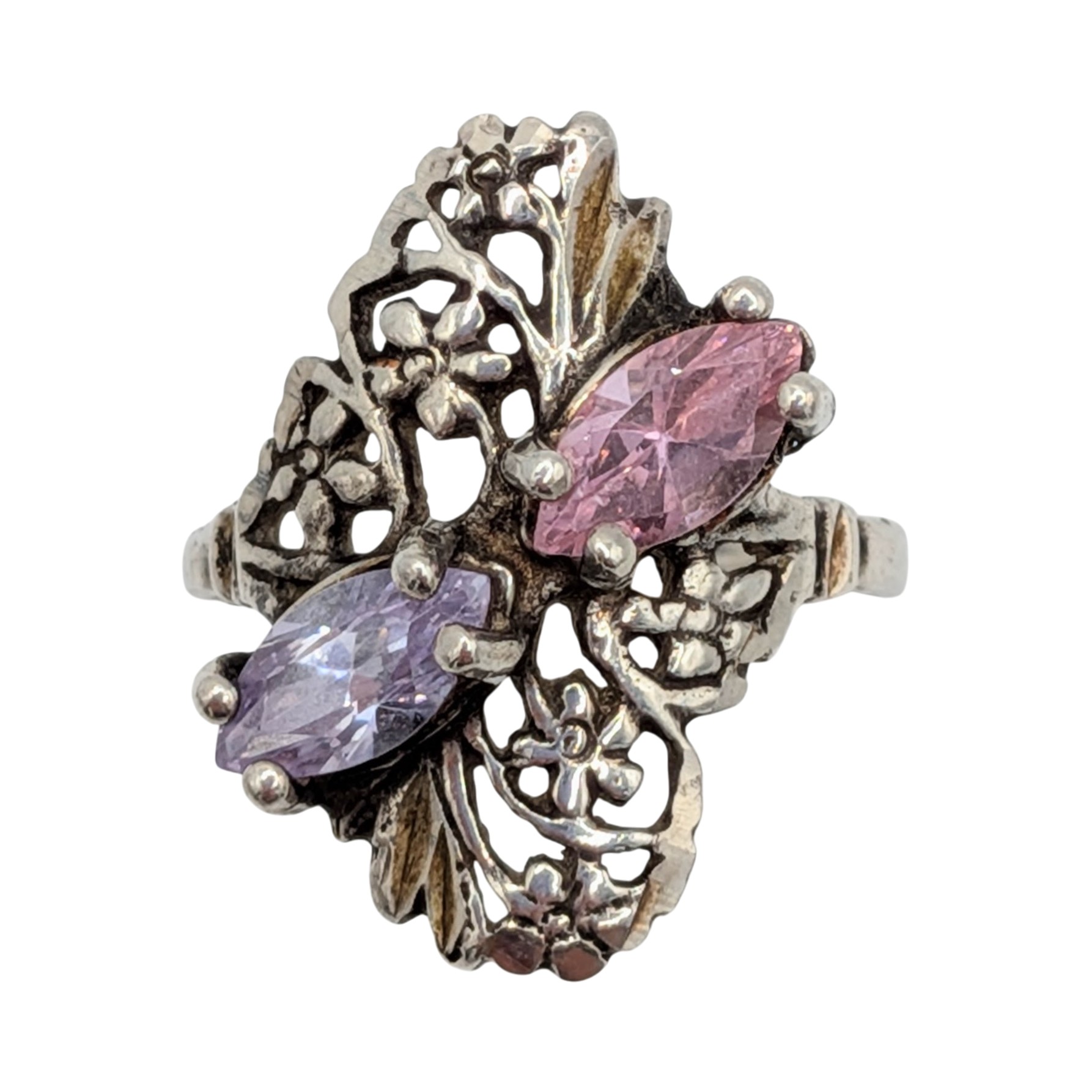 Sterling Silver CZ Double Marquise Cut Floral Filigree Ring Size 6