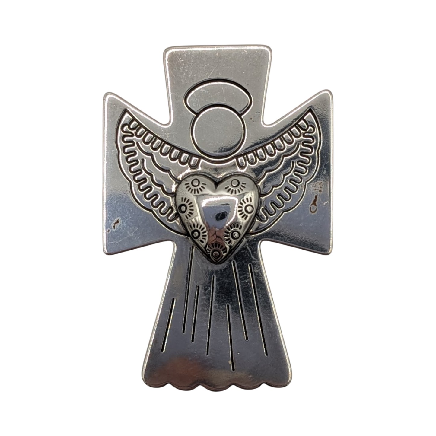 Signed Sterling Silver Modern Angel Heart Cross Brooch Pendant