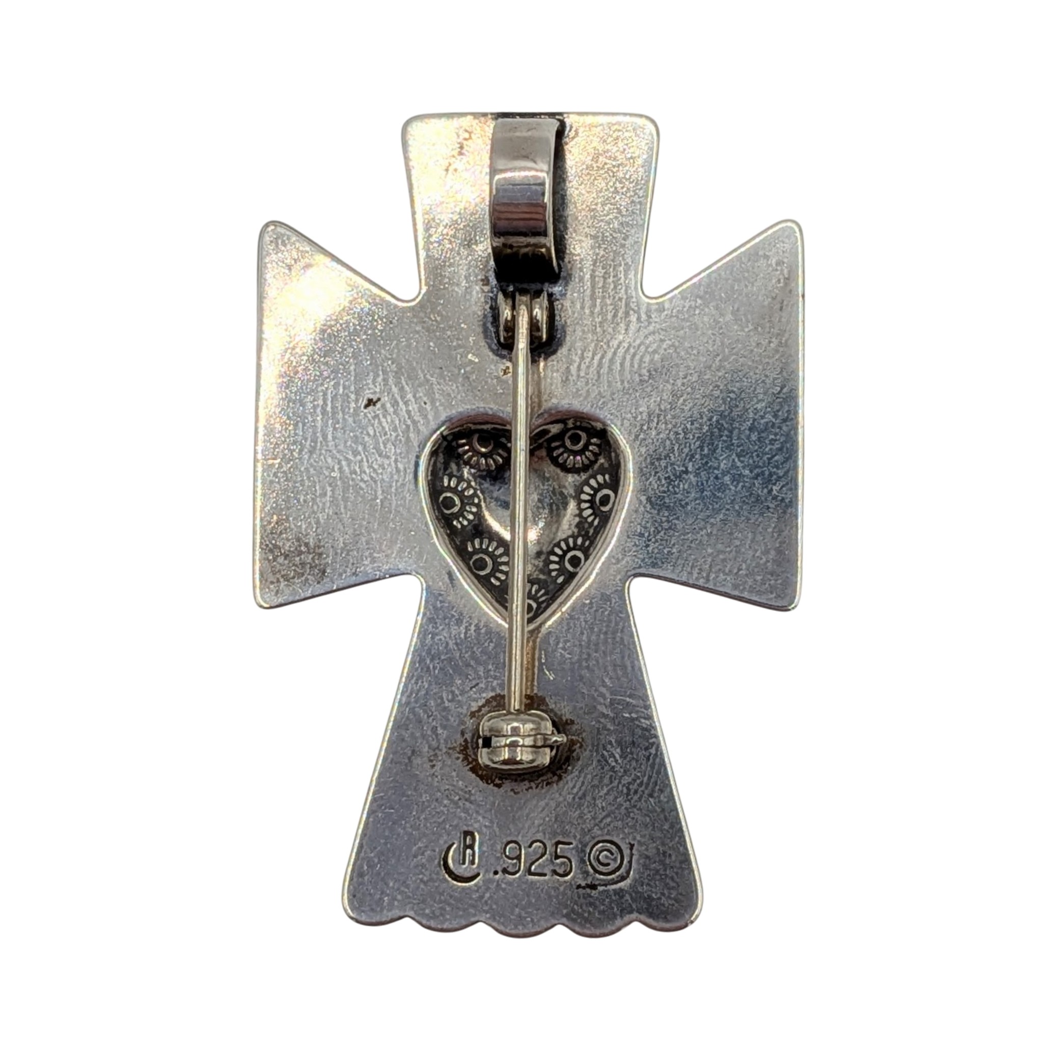 Signed Sterling Silver Modern Angel Heart Cross Brooch Pendant