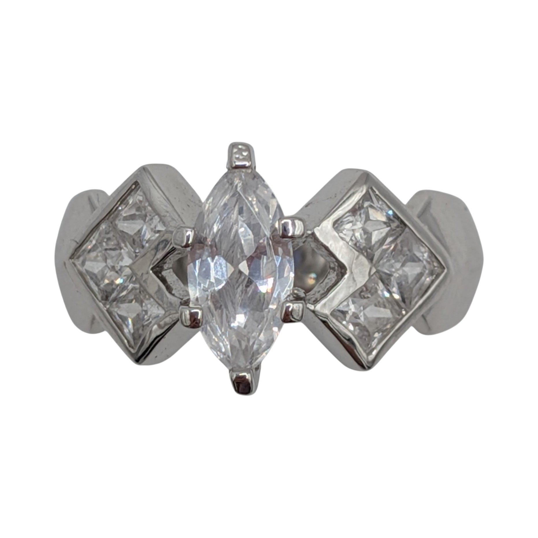 Signed Sterling Silver Rhinestone Marquise Cut Statement Ring Size 8