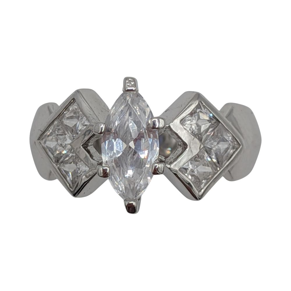 Lot 489: Signed Sterling Silver Rhinestone Marquise Cut Statement Ring Size 8