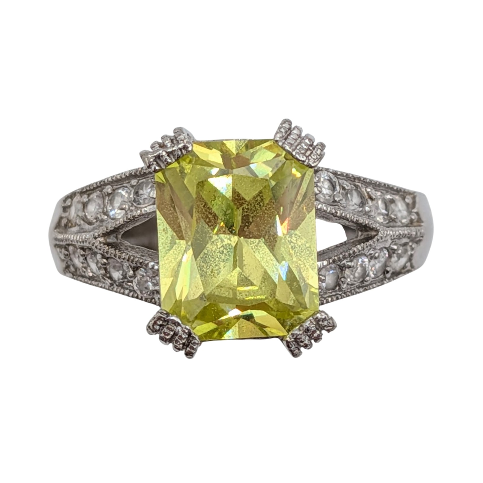 Signed Sterling Silver Lime Rhinestone Emerald Cut Statement Ring Size 9.5
