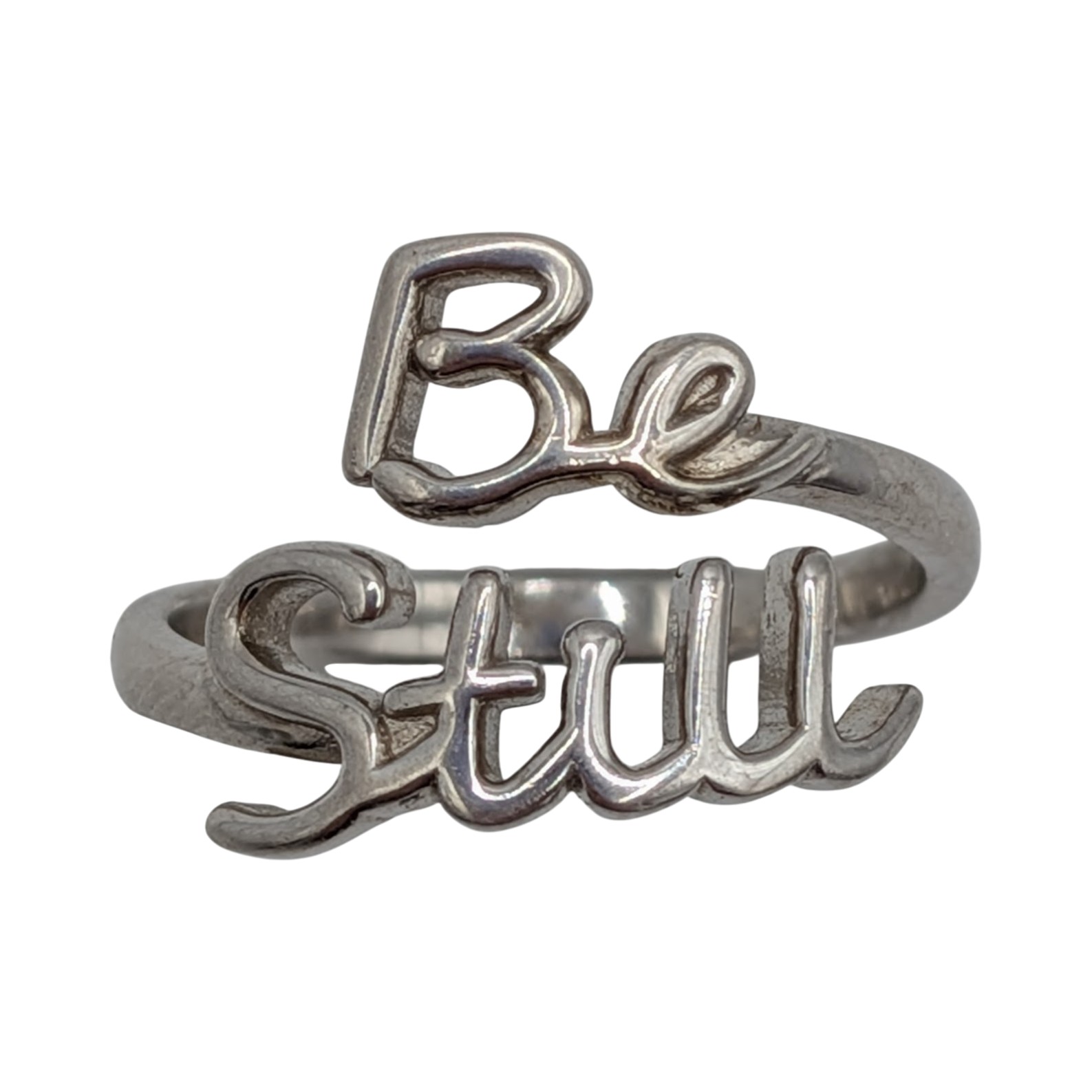 Sterling Silver Be Still Script Adjustable Ring