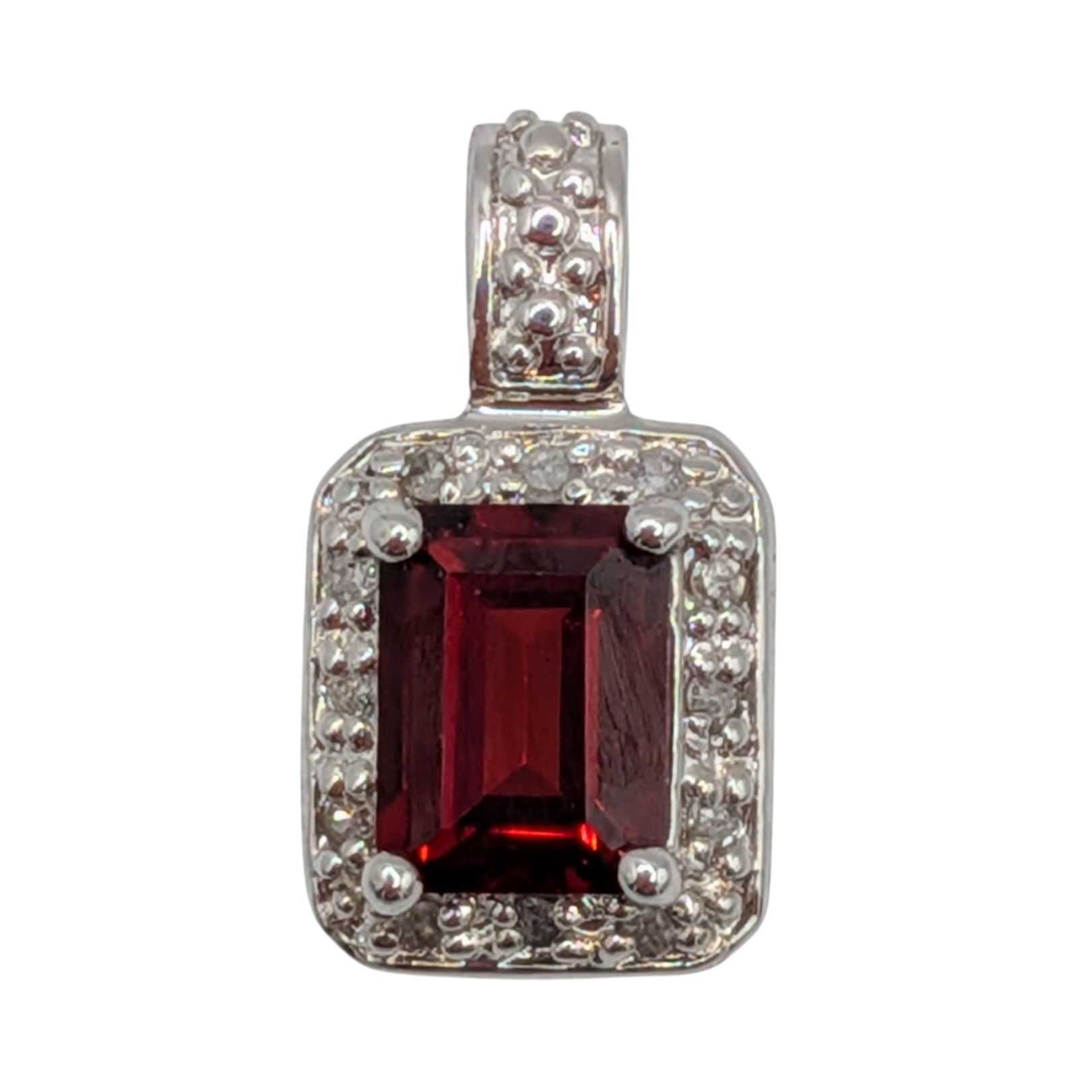 Signed Sterling Silver Diamond Garnet Halo Pendant