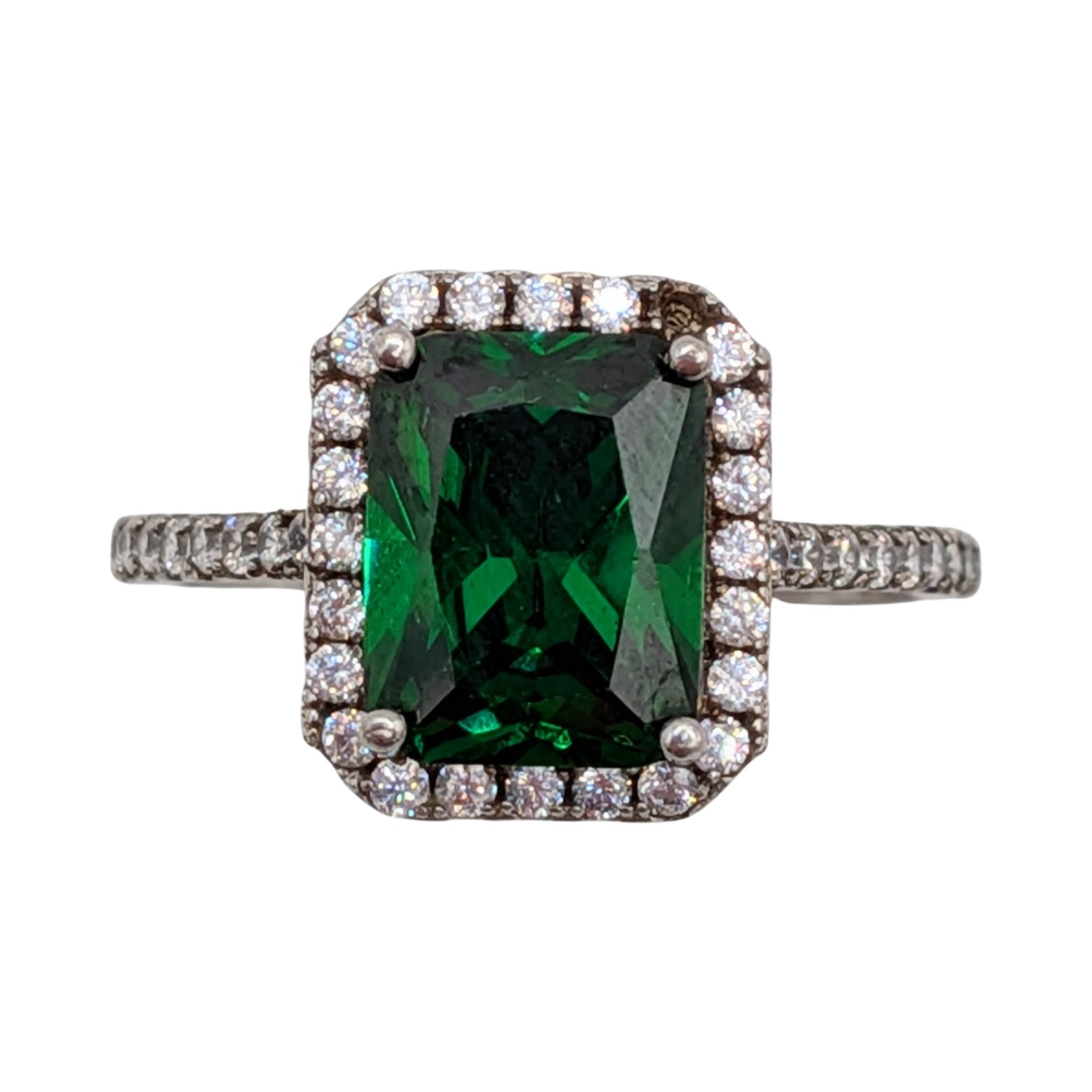 Signed Sterling Silver Rhinestone Emerald Cut Solitaire Halo Ring Size 7