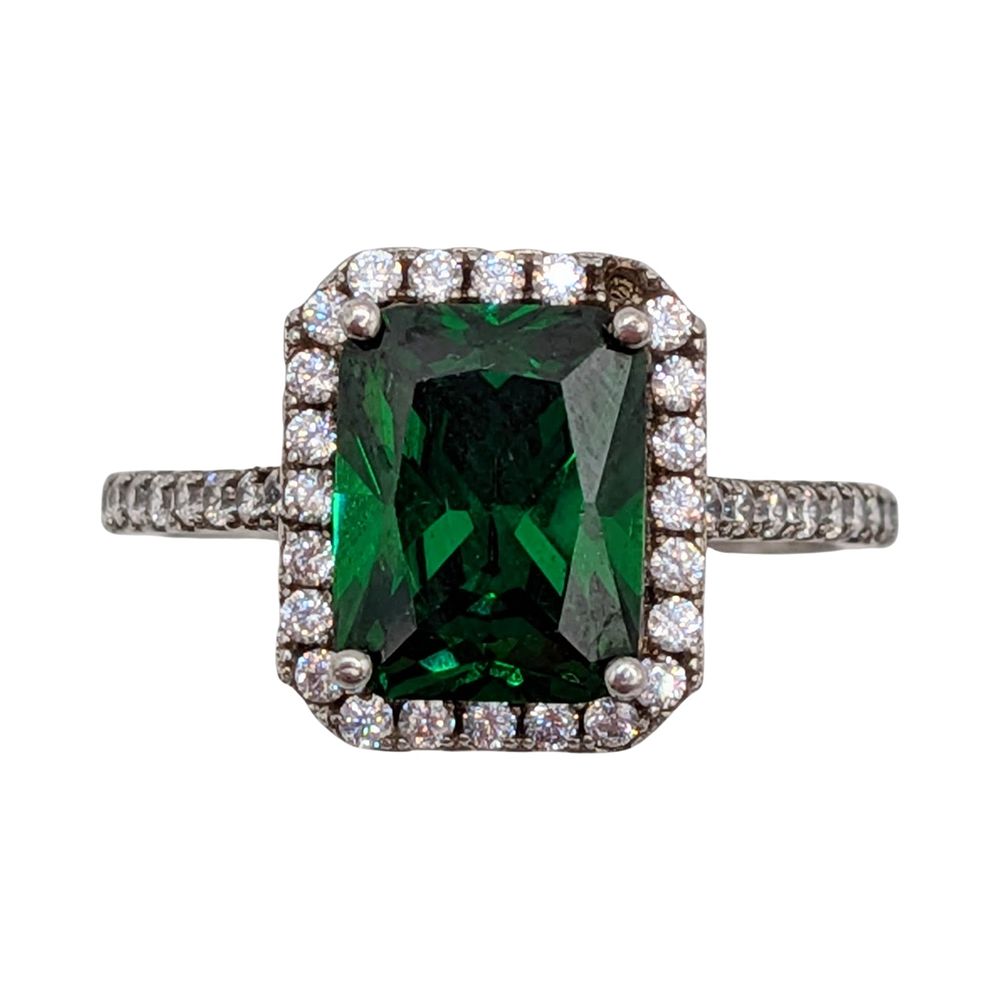 Lot 496: Signed Sterling Silver Rhinestone Emerald Cut Solitaire Halo Ring Size 7
