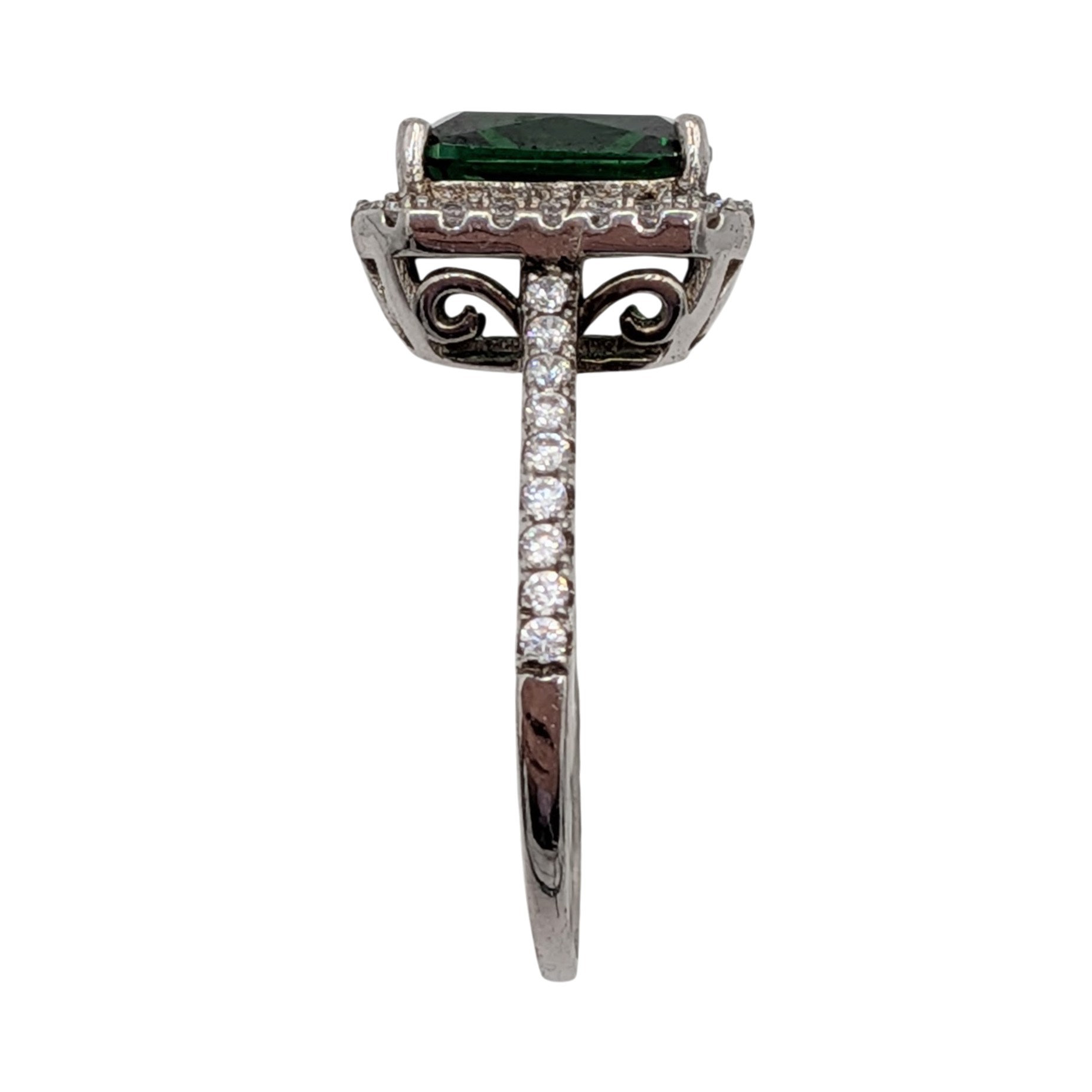 Signed Sterling Silver Rhinestone Emerald Cut Solitaire Halo Ring Size 7