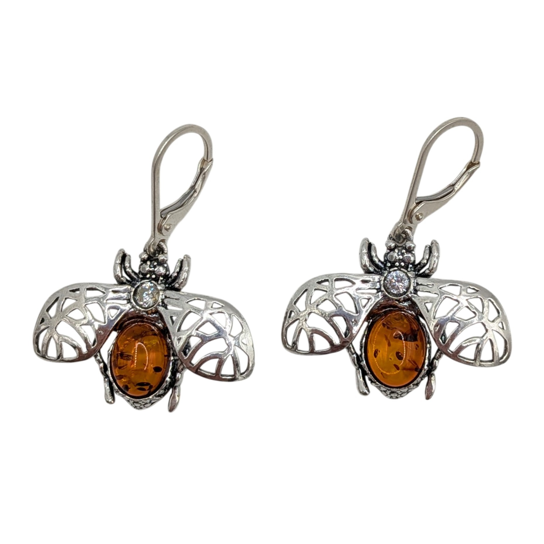 Sterling Silver Amber Rhinestone Bumble Bee Drop Earrings