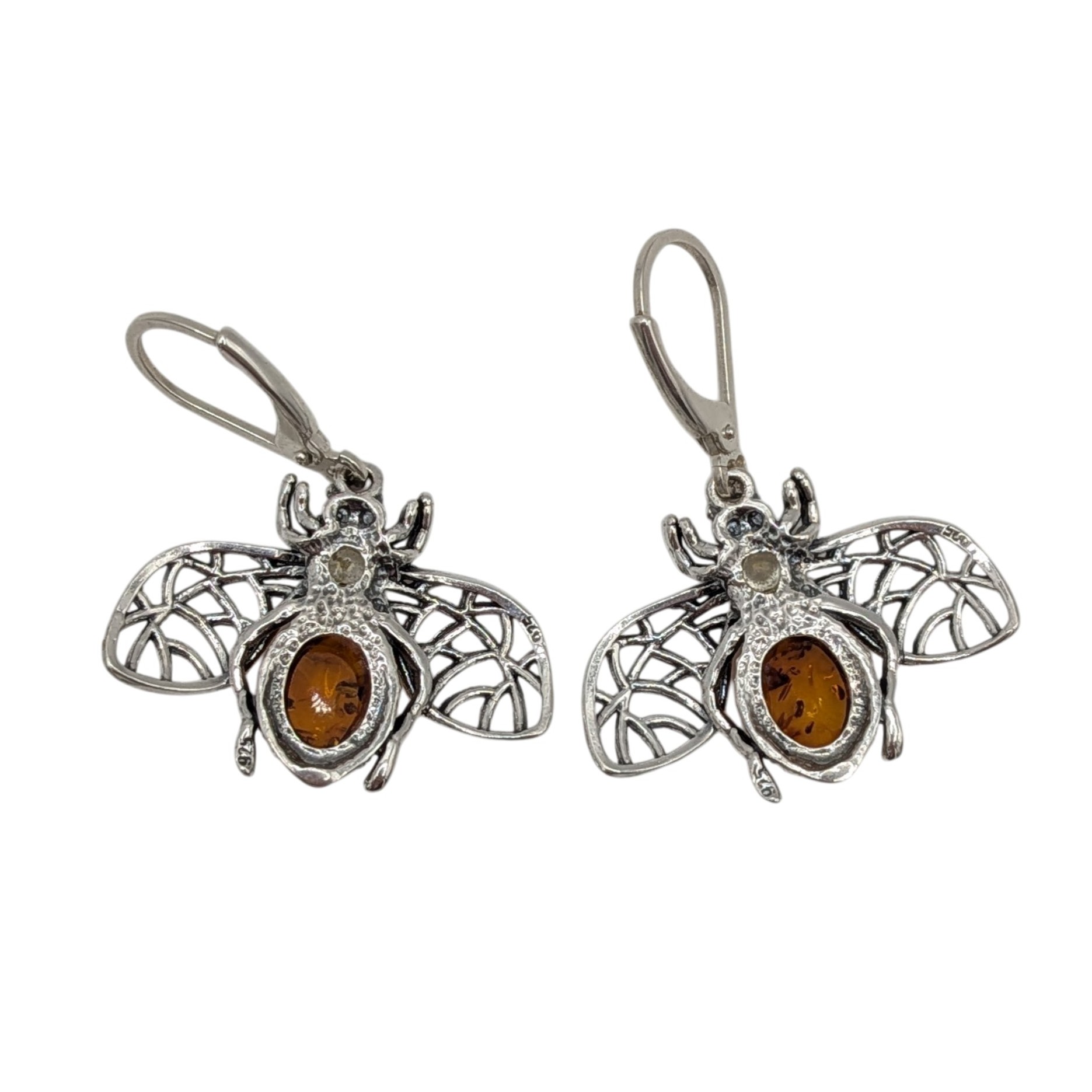 Sterling Silver Amber Rhinestone Bumble Bee Drop Earrings