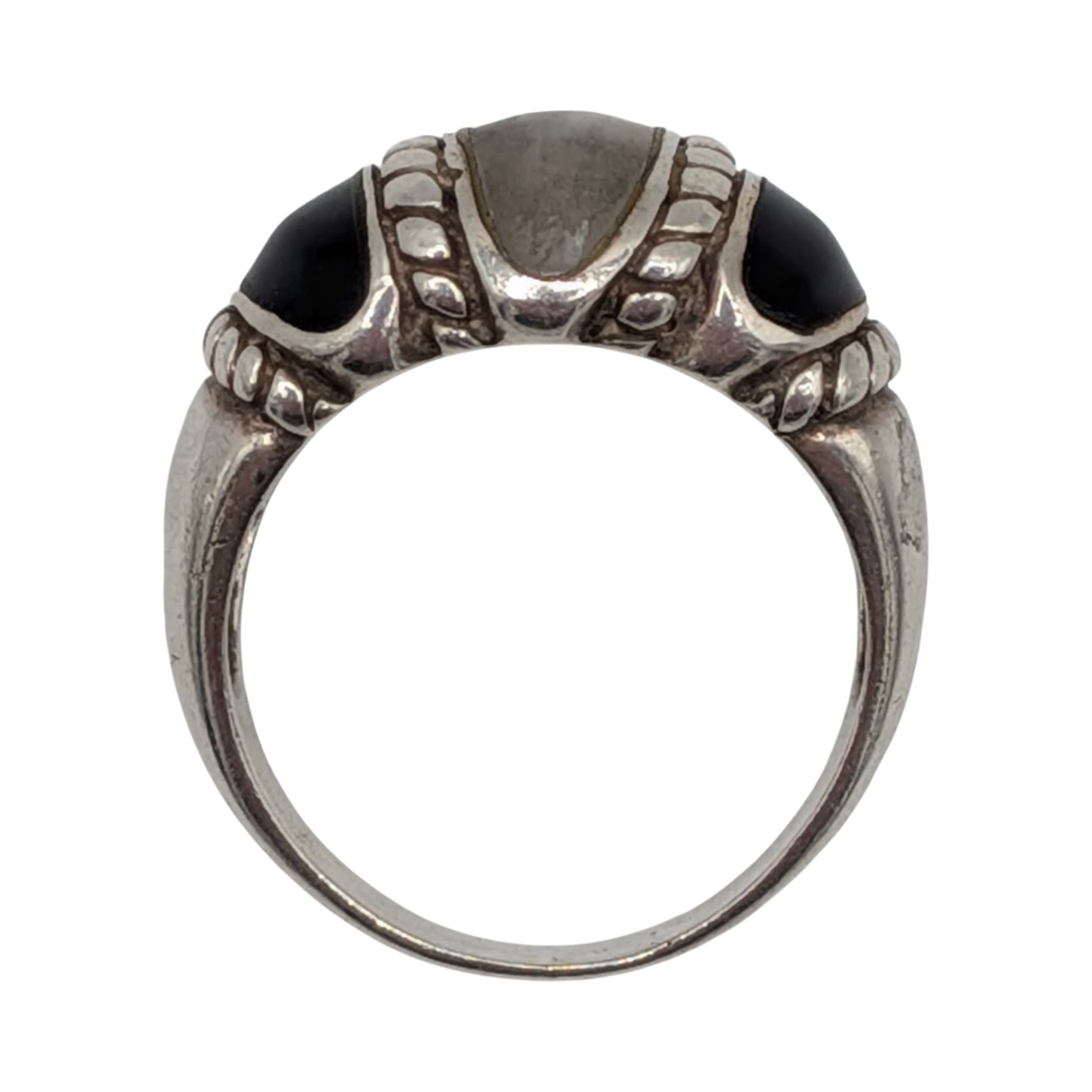 Signed Sterling Silver Onyx Mother of Pearl Inlay Dome Ring Size 7.75