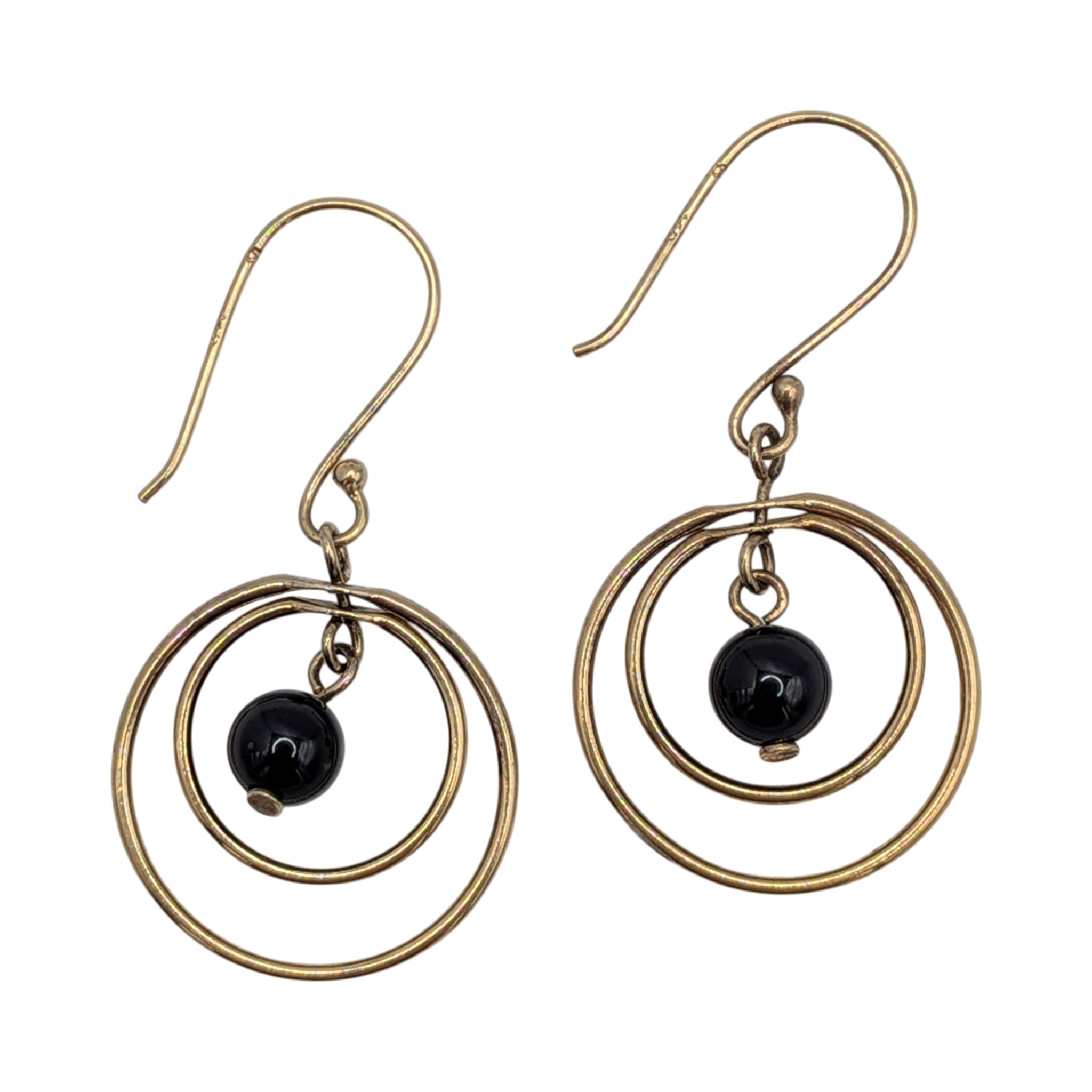 Signed Gold Over Sterling Silver Onyx Double Circle Dangle Earrings