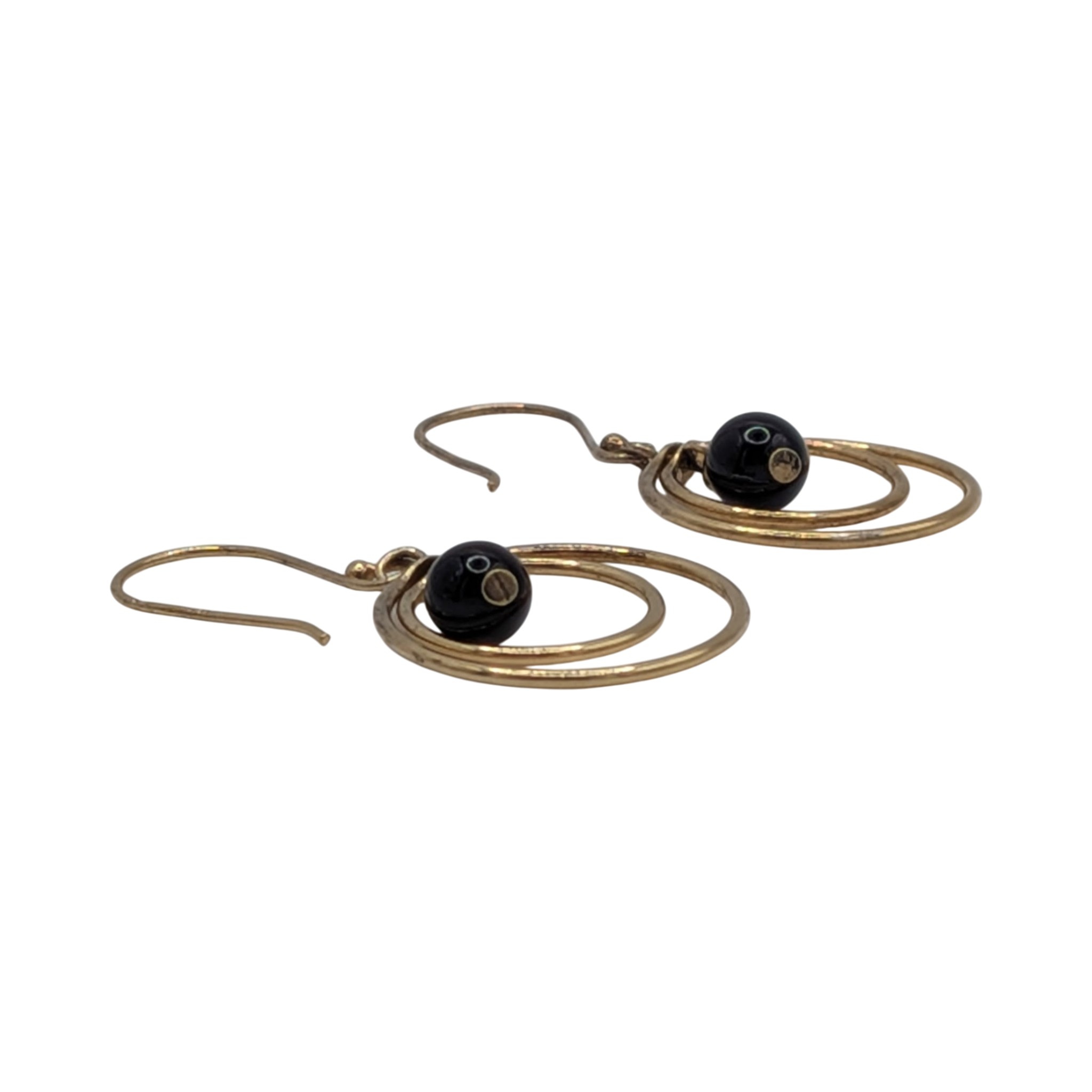 Signed Gold Over Sterling Silver Onyx Double Circle Dangle Earrings