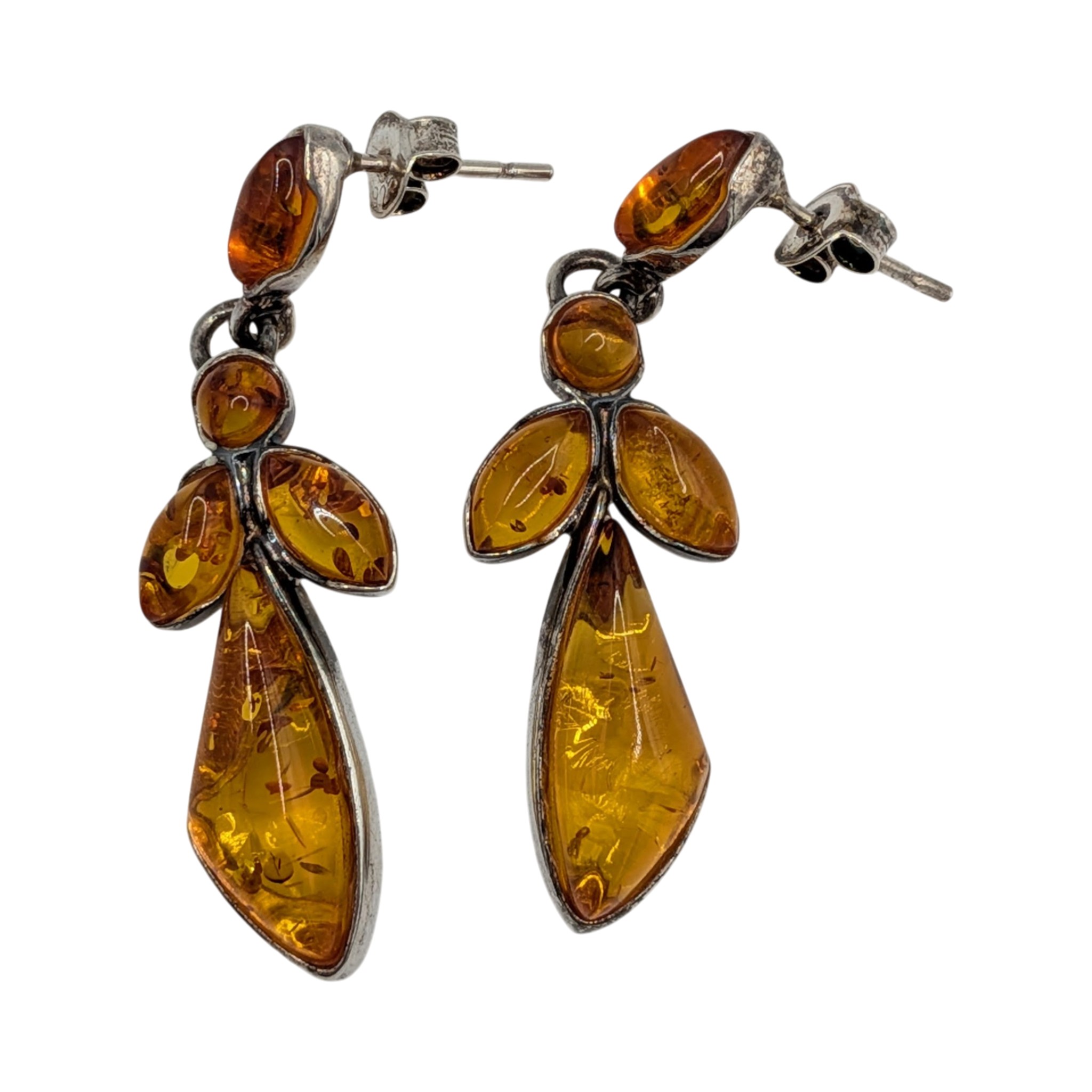 Sterling Silver Amber Cluster Dangle Drop Stud Earrings