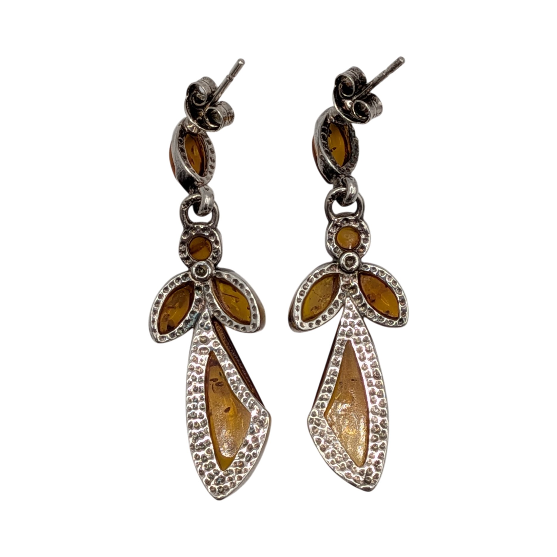 Sterling Silver Amber Cluster Dangle Drop Stud Earrings