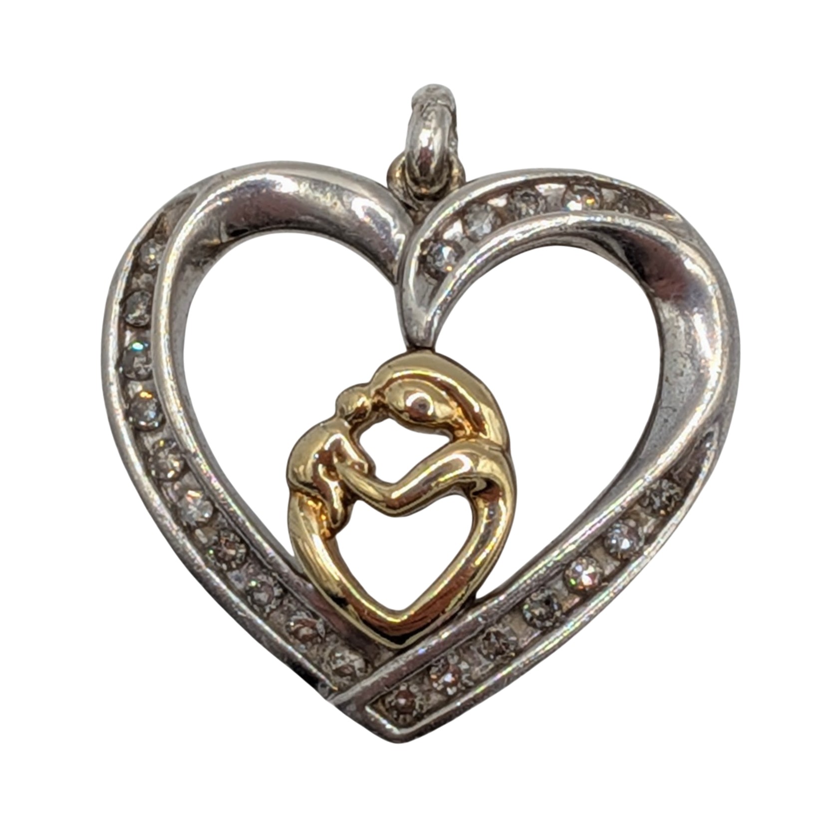 Signed 14K Yellow Gold Sterling Silver Mother and Child Heart Pendant