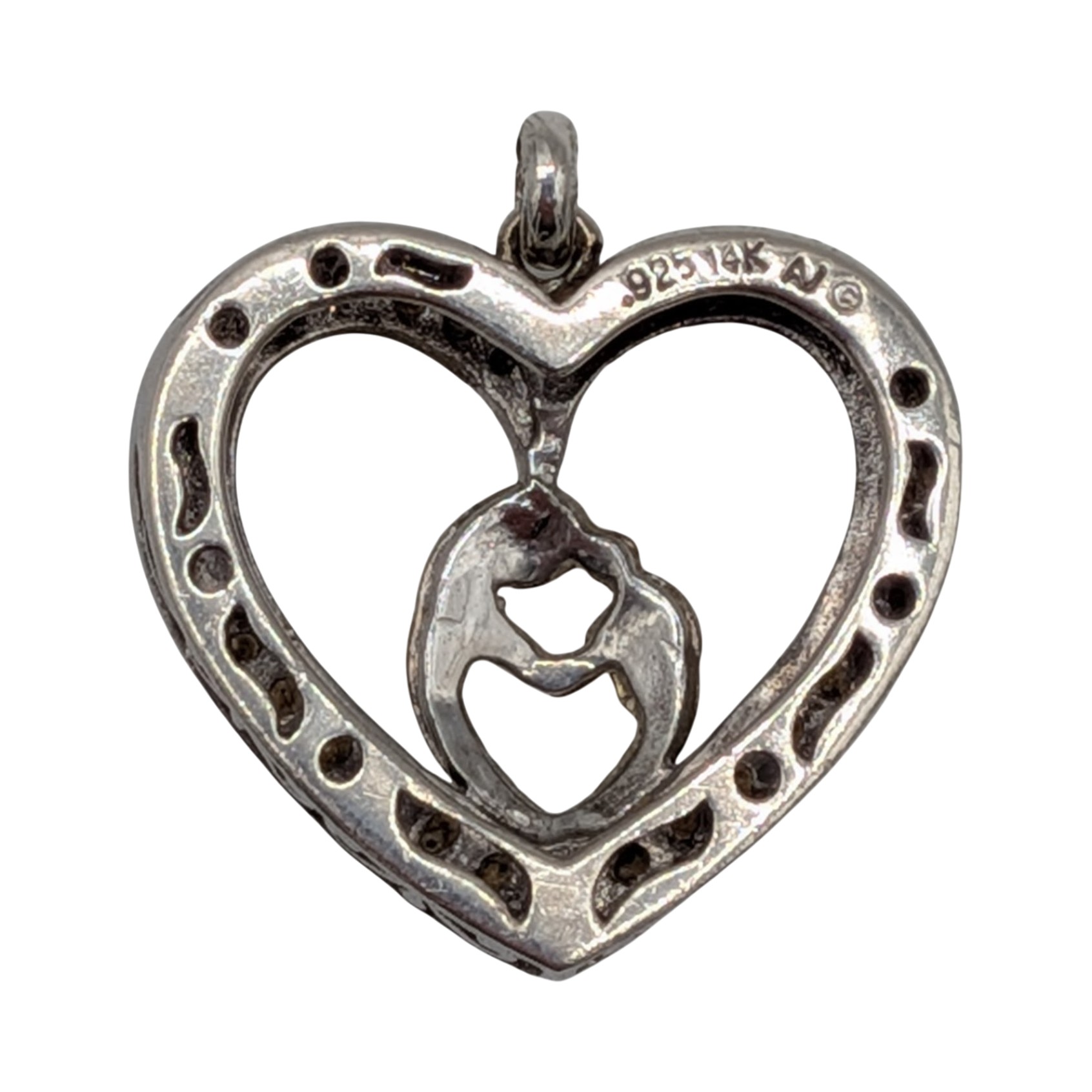 Signed 14K Yellow Gold Sterling Silver Mother and Child Heart Pendant
