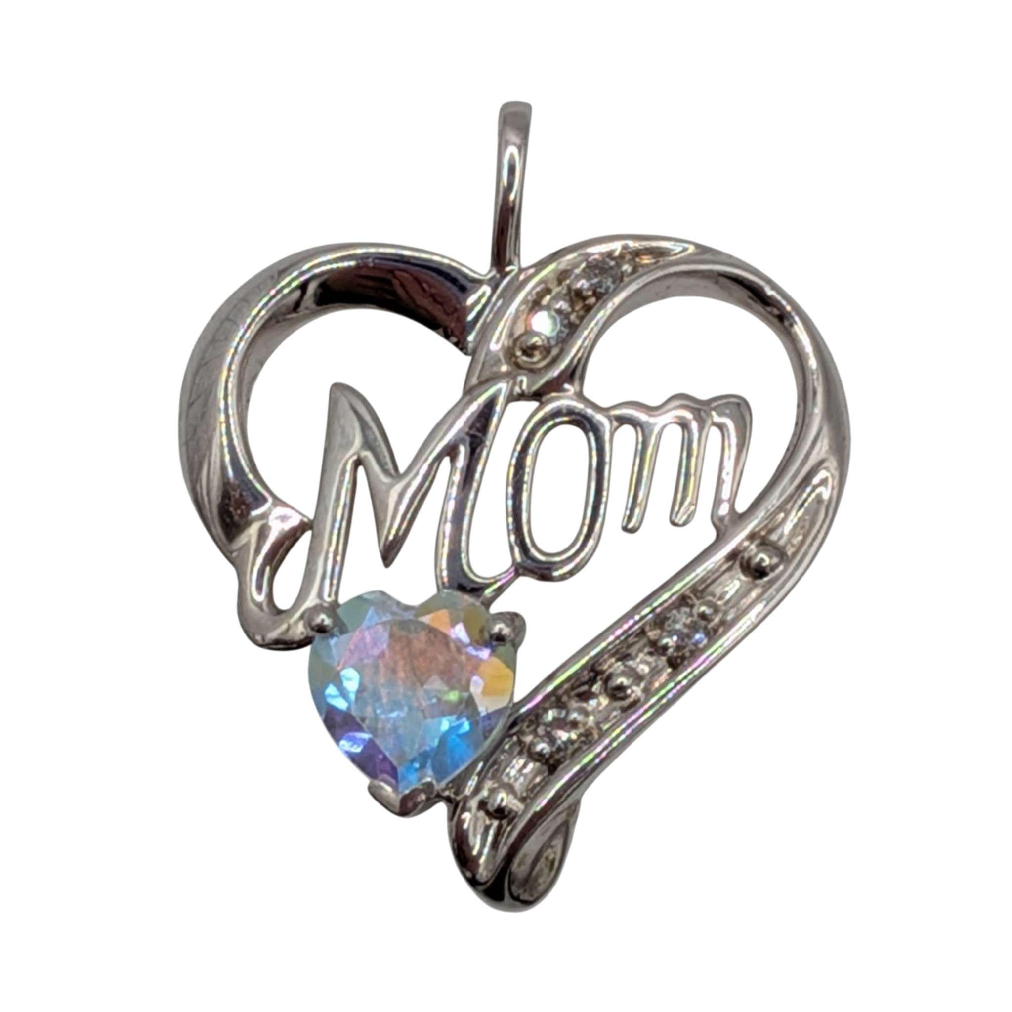Signed Sterling Silver Diamond Iridescent Crystal Heart Mom Pendant