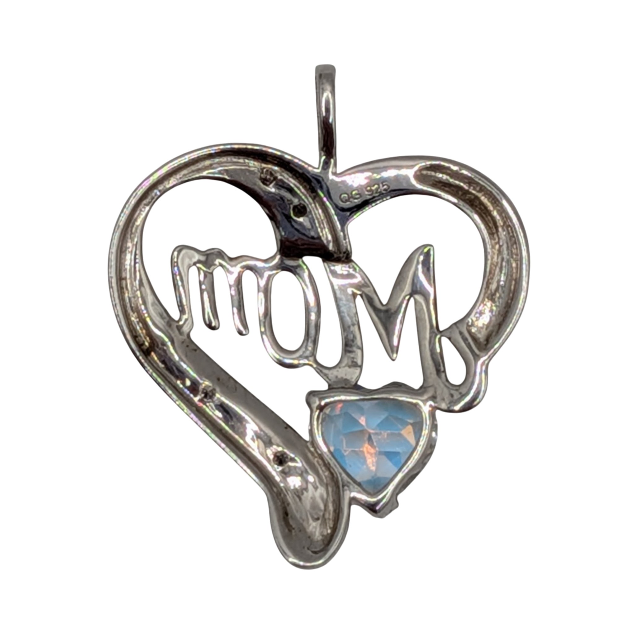 Signed Sterling Silver Diamond Iridescent Crystal Heart Mom Pendant