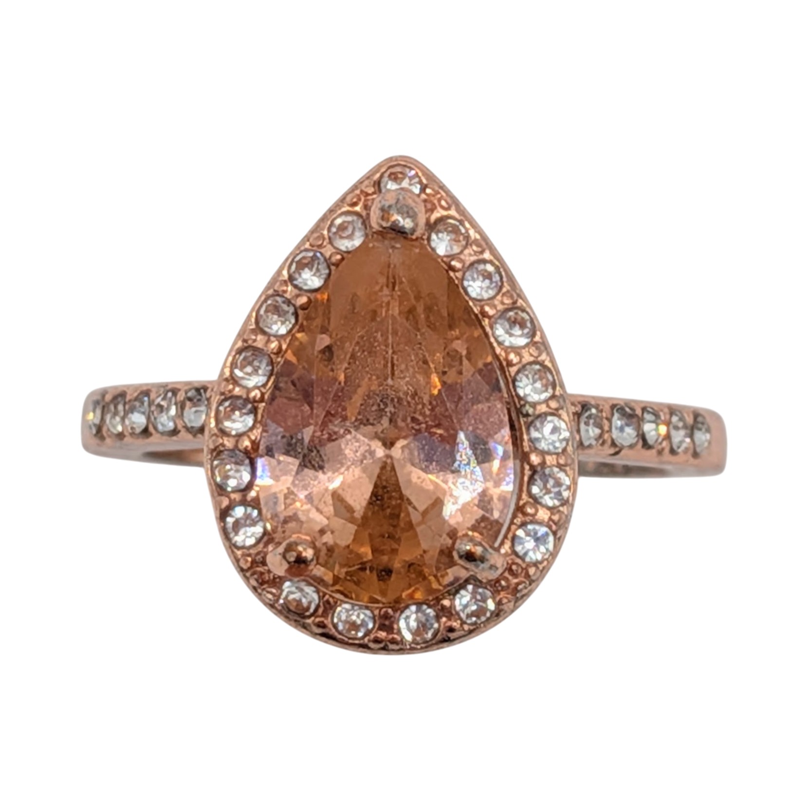 Rose Gold over Sterling Silver Rhinestone Pear Cut Halo Ring Size 7.5