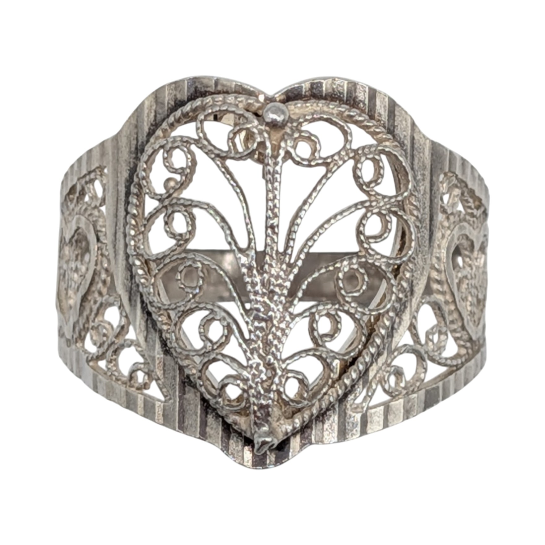 Signed Turkish Sterling Silver Filigree Triple Heart Ring Size 7.5