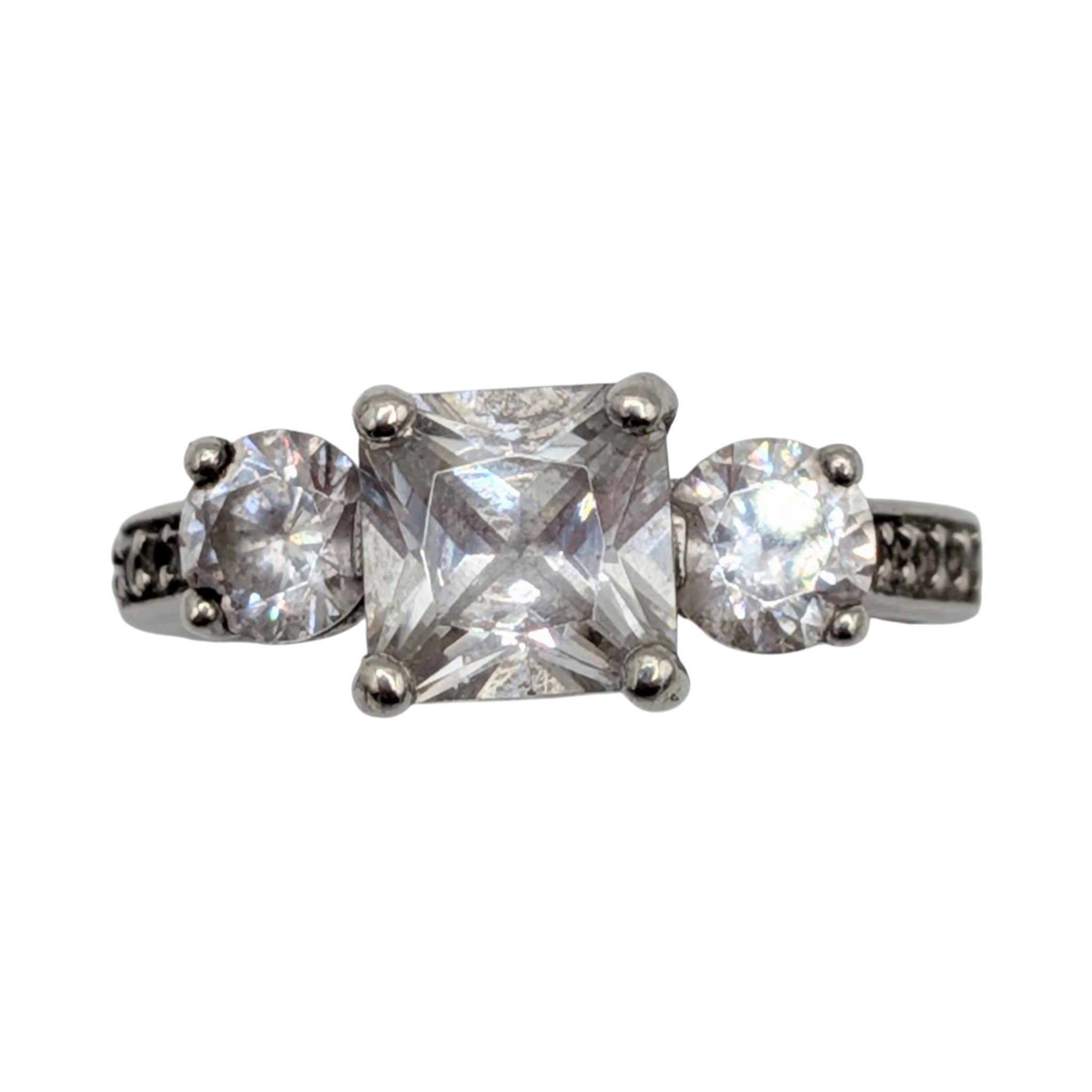 Signed Sterling Silver Rhinestone Three Stone Ring Size 8