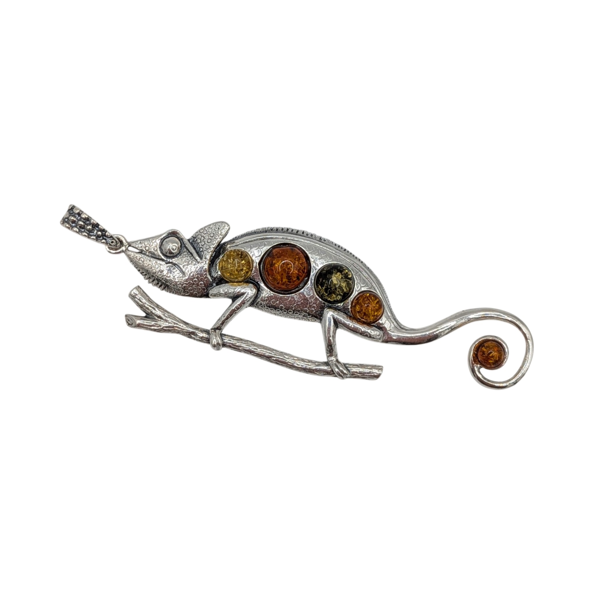 Signed Sterling Silver Amber Tri Colored Chameleon Pendant