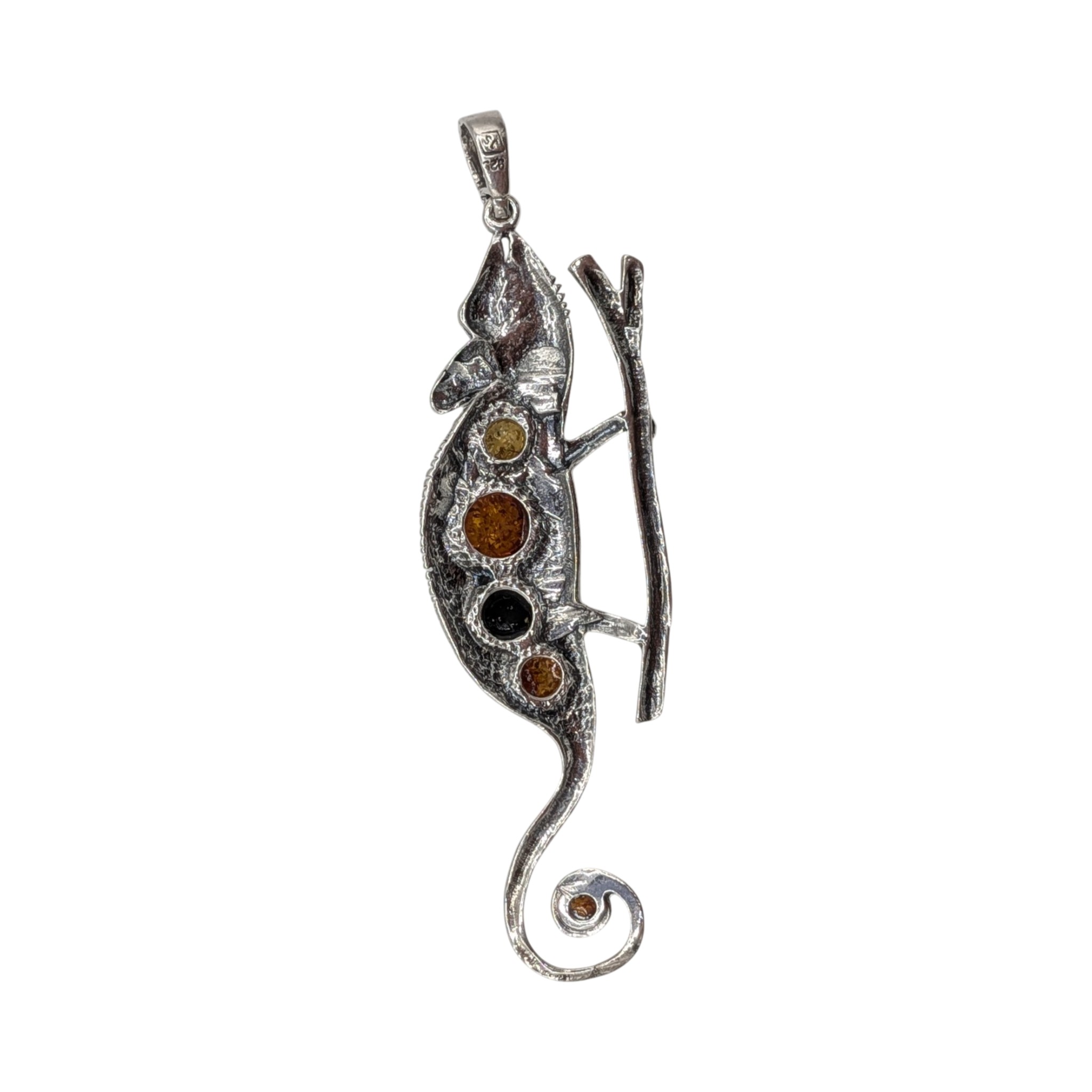 Signed Sterling Silver Amber Tri Colored Chameleon Pendant